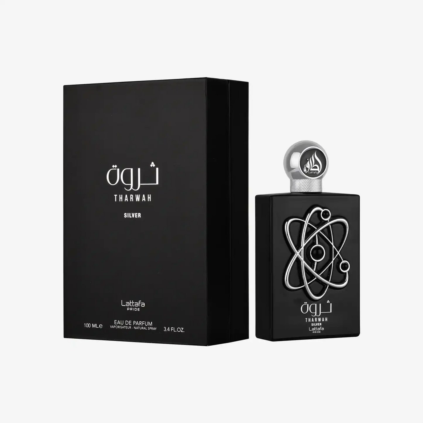Lattafa Tharwah Silver Eau de Parfum black bottle and box with silver atom design