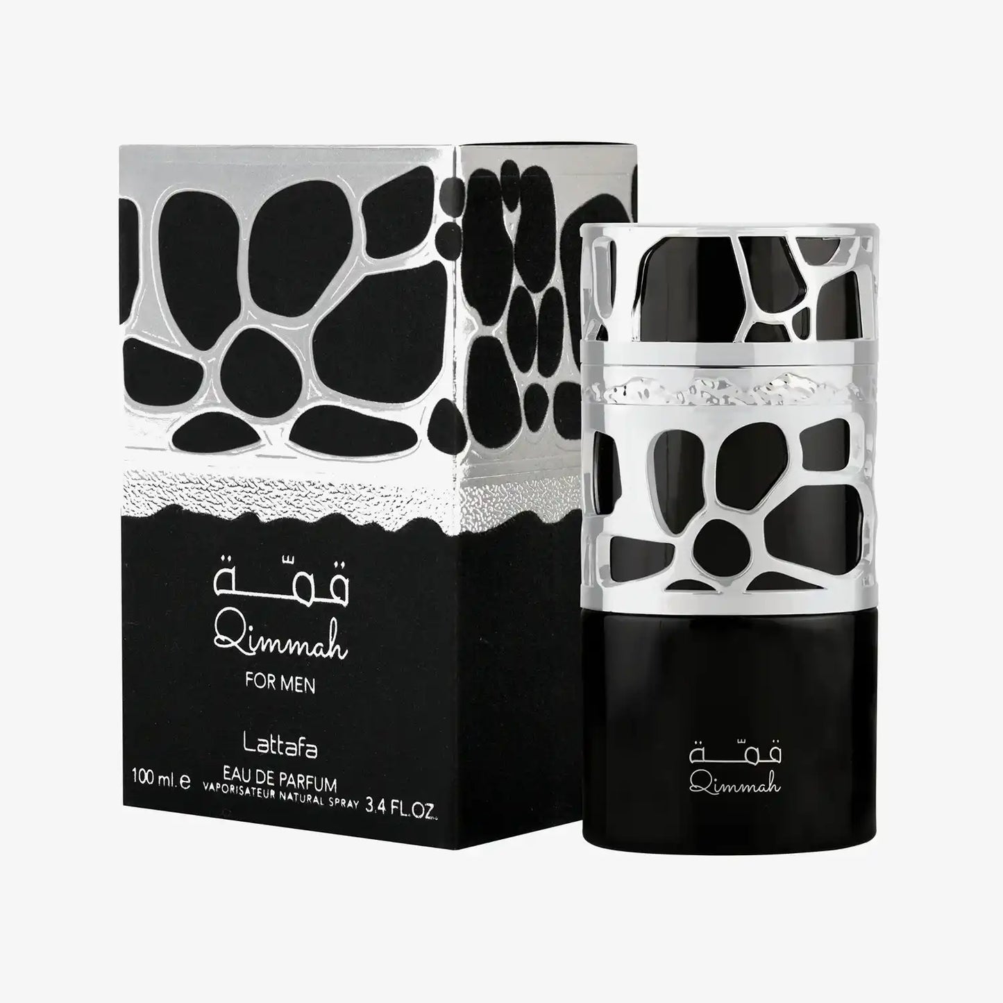 Qimmah for Men Lattafa Eau de Parfum bottle and box with black and silver abstract design