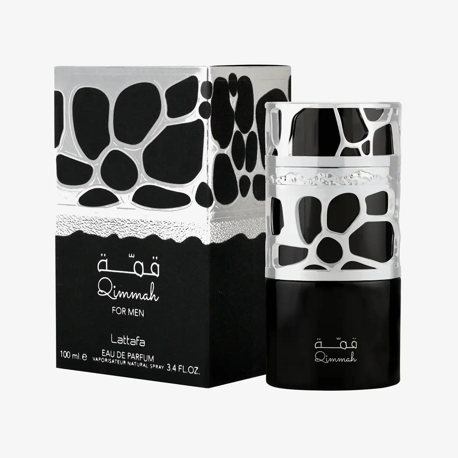 Qimmah for Men Lattafa Eau de Parfum bottle and box with black and silver abstract design
