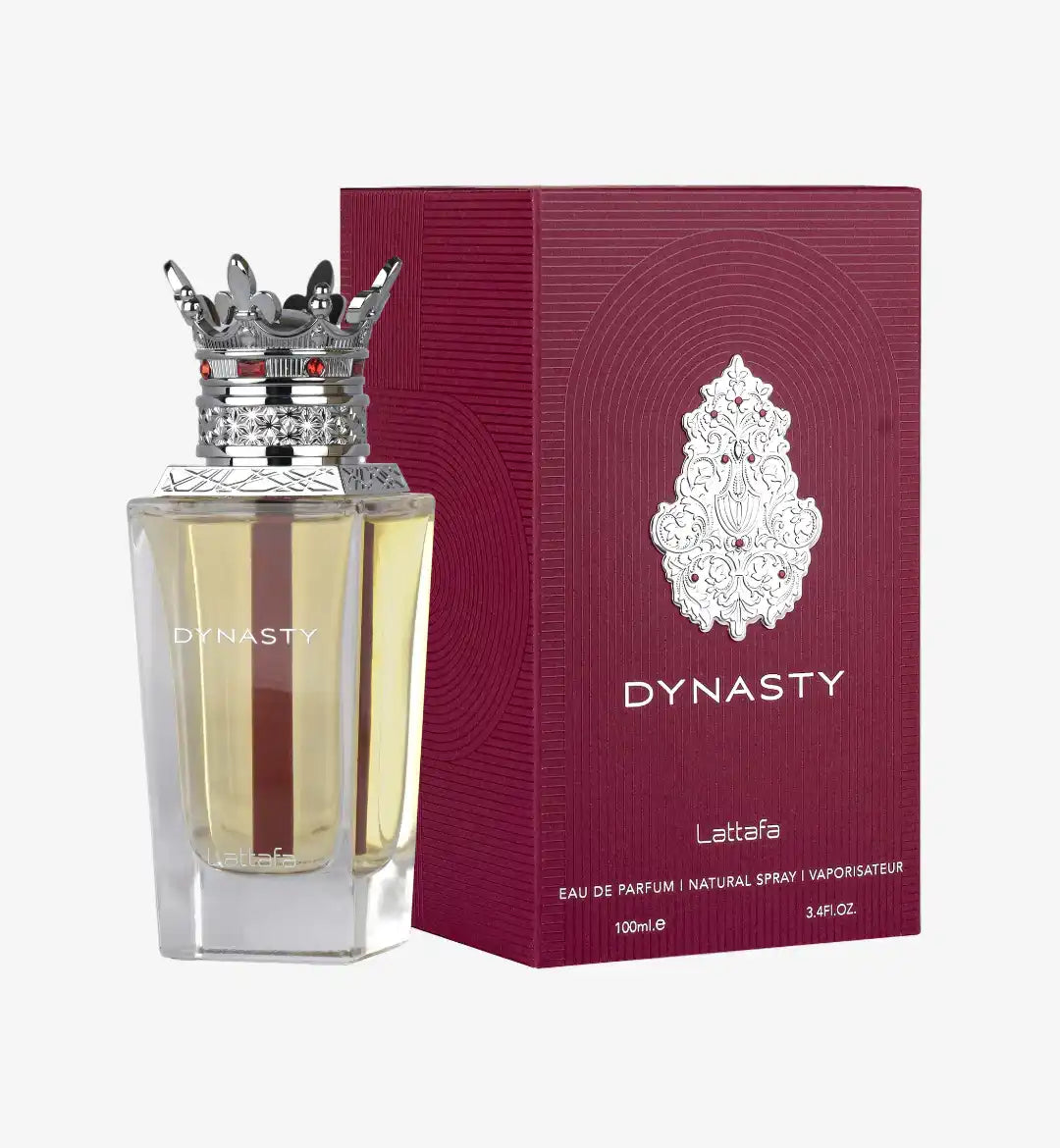 Lattafa Dynasty Eau de Parfum bottle with ornate silver crown cap and red packaging box
