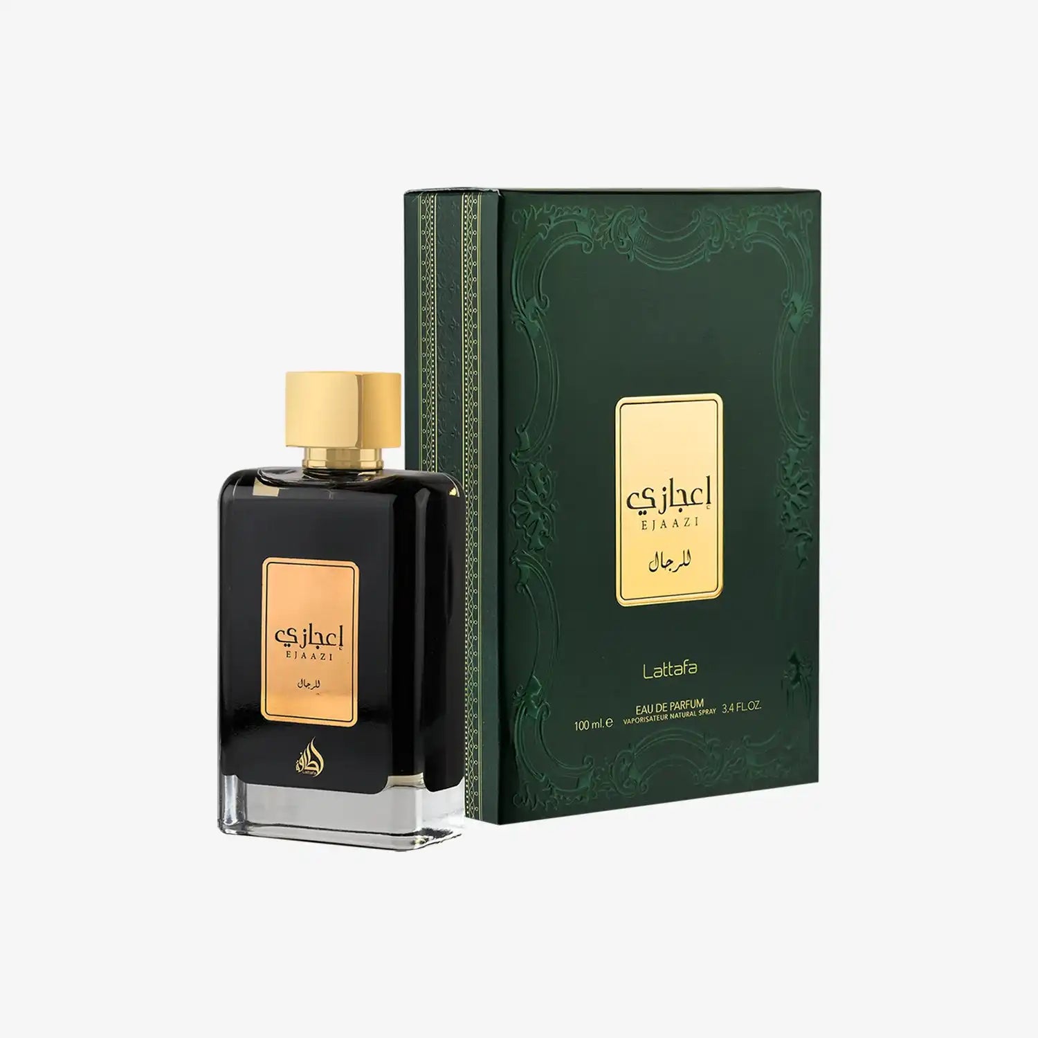 Lattafa Ejaazi perfume bottle with gold cap and matching green box, Middle Eastern fragrance