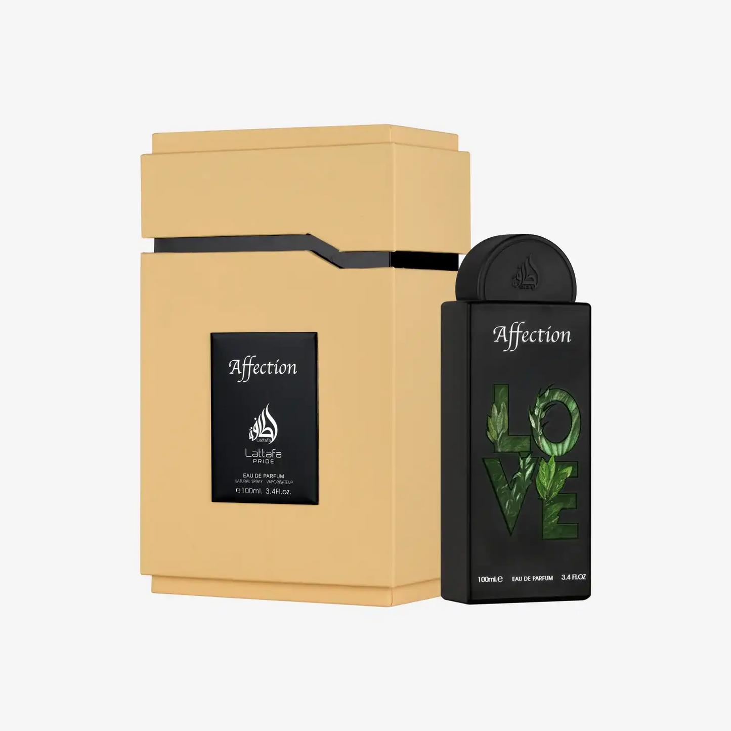Lattafa Affection perfume bottle and beige box, Middle Eastern fragrance, 100ml Eau de Parfum