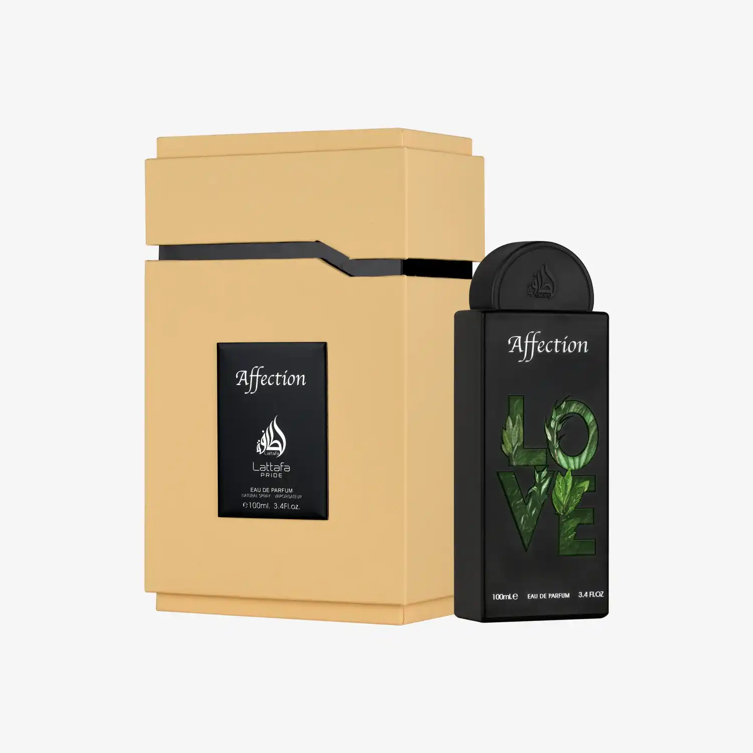 Lattafa Affection perfume bottle and beige box, Middle Eastern fragrance, 100ml Eau de Parfum