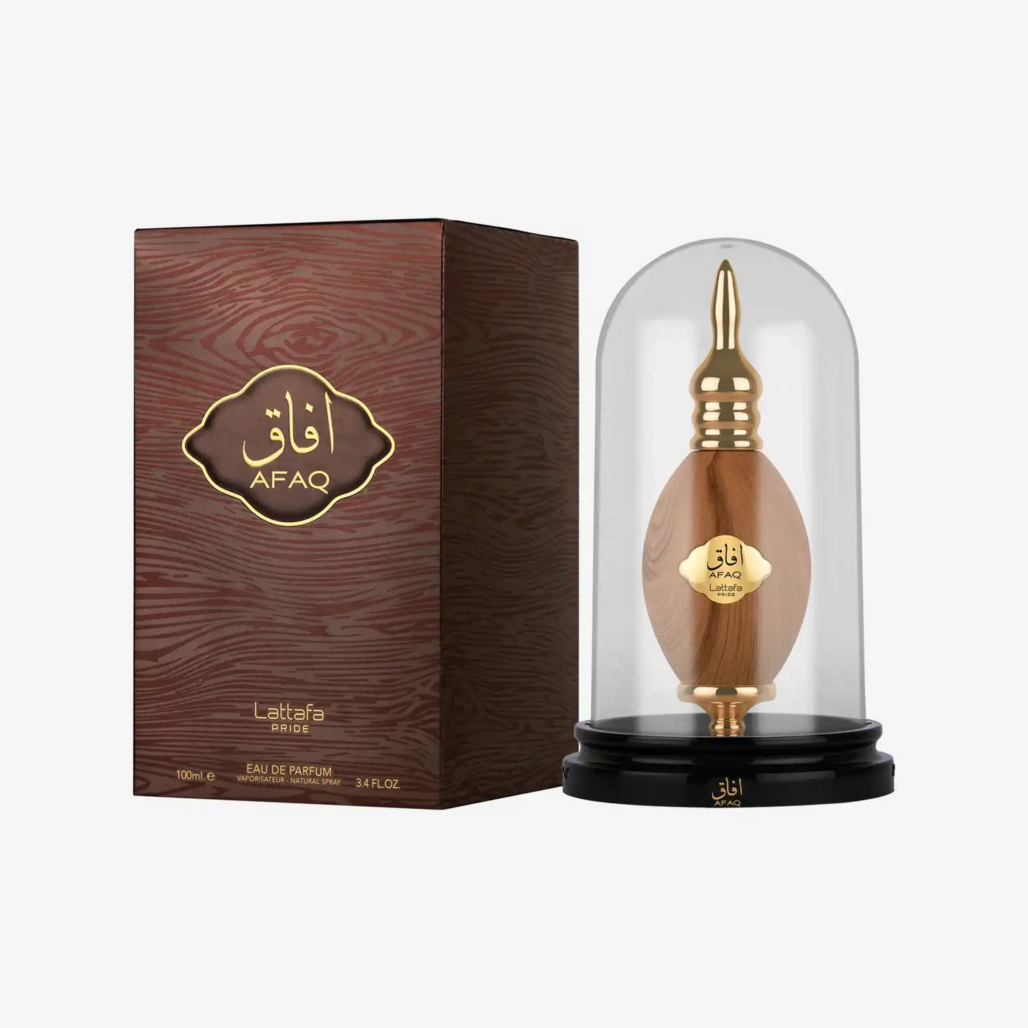 Afaq Eau de Parfum Middle Eastern perfume bottle in a glass dome with decorative box