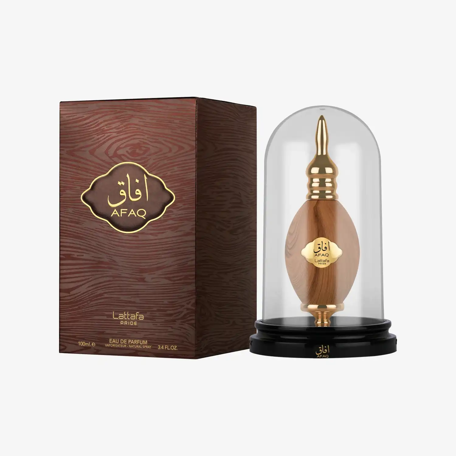 Afaq Eau de Parfum Middle Eastern perfume bottle in a glass dome with decorative box