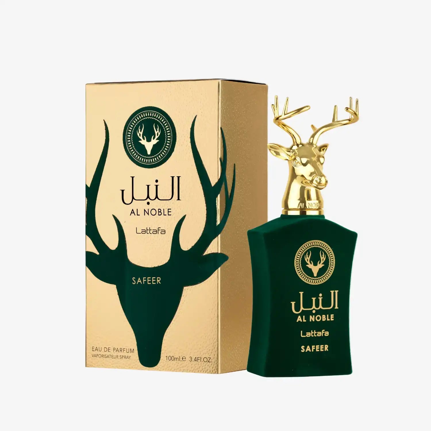Al Noble Safeer perfume by Lattafa with gold deer head cap and matching gold box