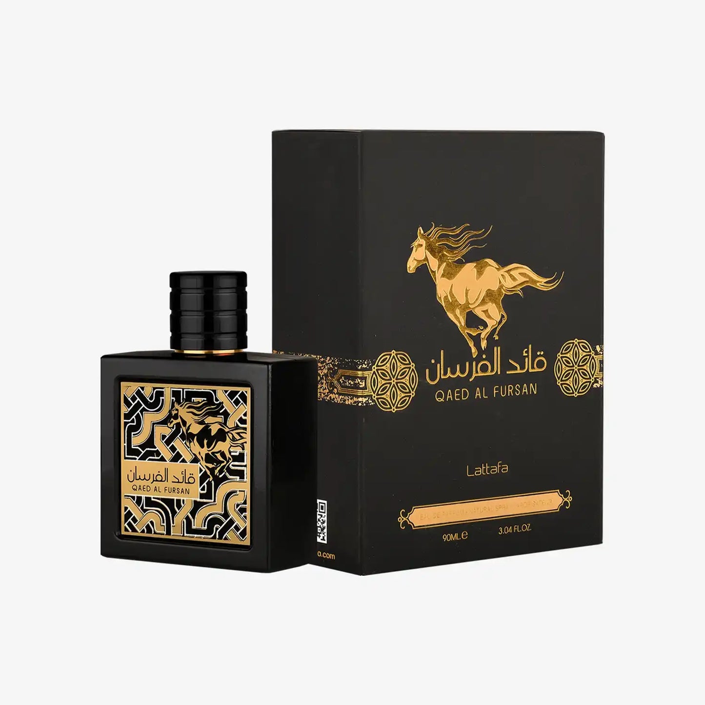 Qaed Al Fursan perfume bottle and box with gold horse design, Middle Eastern fragrance