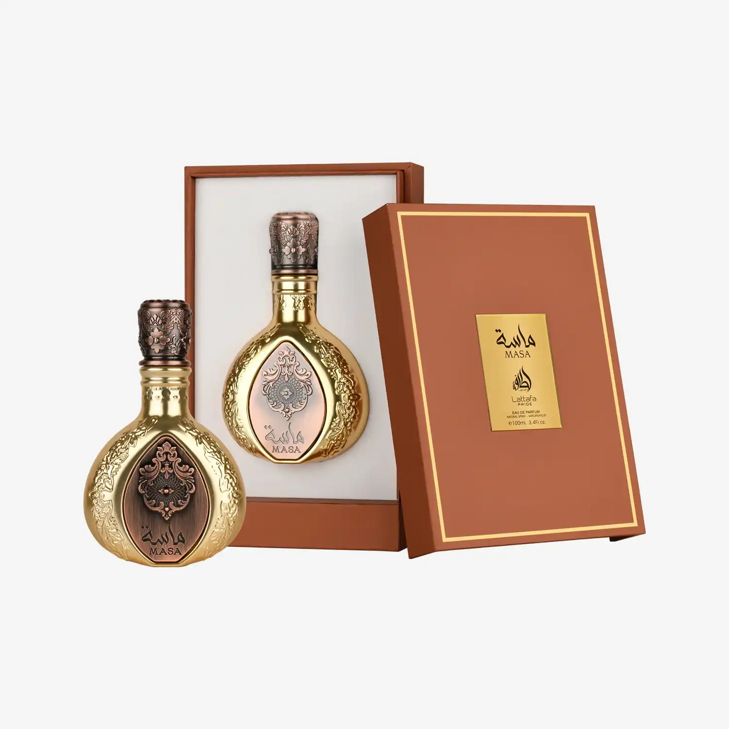 Luxury Middle Eastern perfume bottle with ornate gold details and gift box