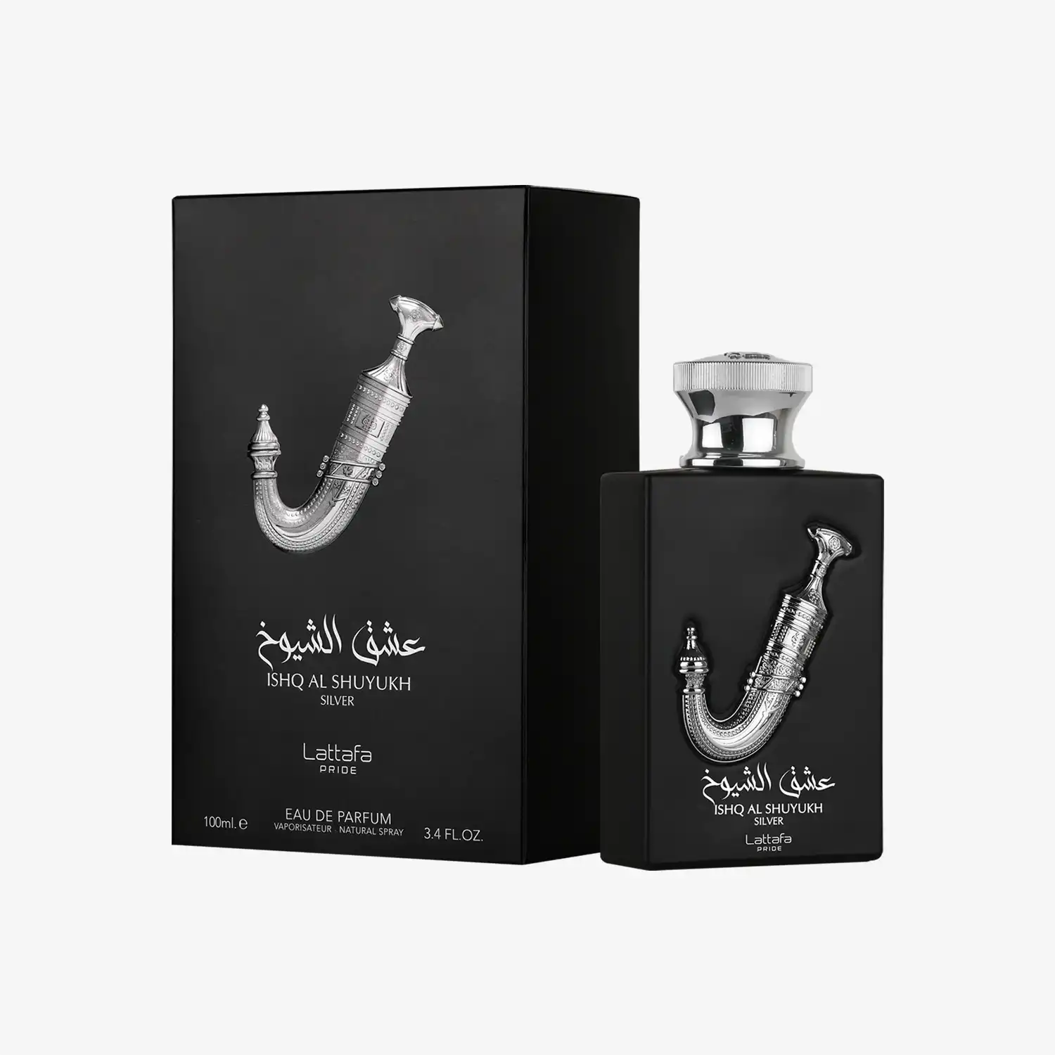 Ishq Al Shuyukh Silver perfume bottle and box, black with silver Middle Eastern dagger design