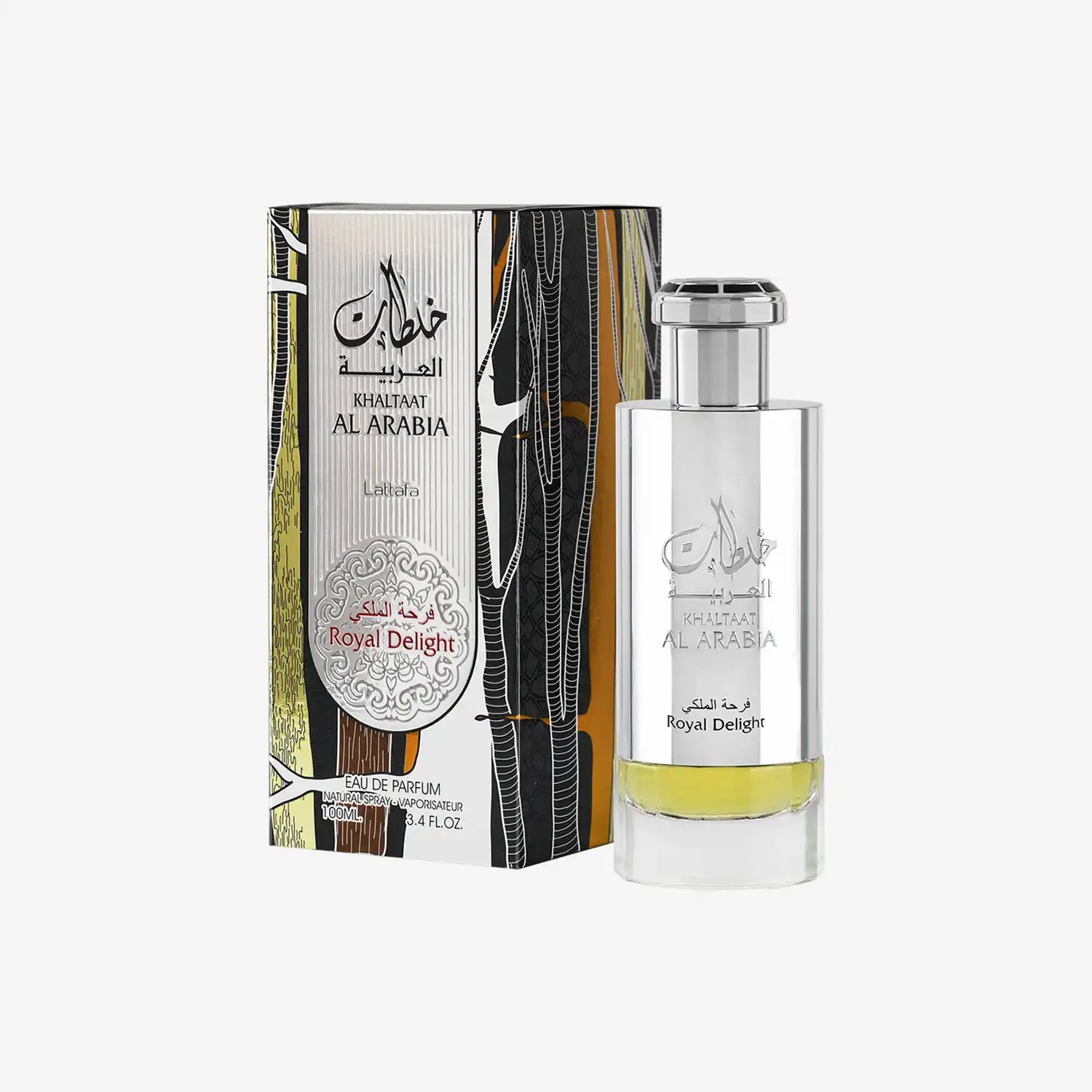 Khaltaat Al Arabia Royal Delight Eau de Parfum bottle and decorative box, 100ml size.