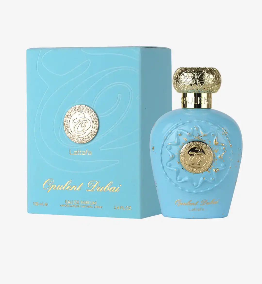 Lataa Opulent Dubai eau de parfum bottle and box in light blue with gold accents
