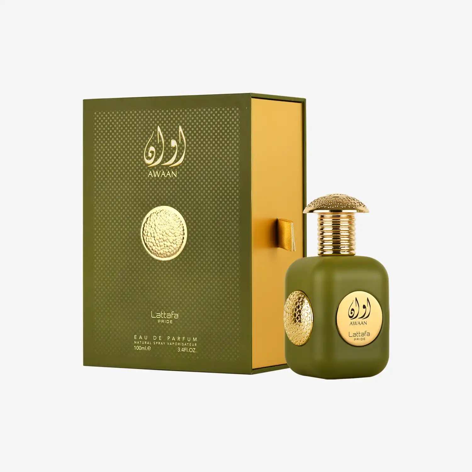 Lattafa Awaan eau de parfum bottle and box, olive green with gold accents, Middle Eastern fragrance