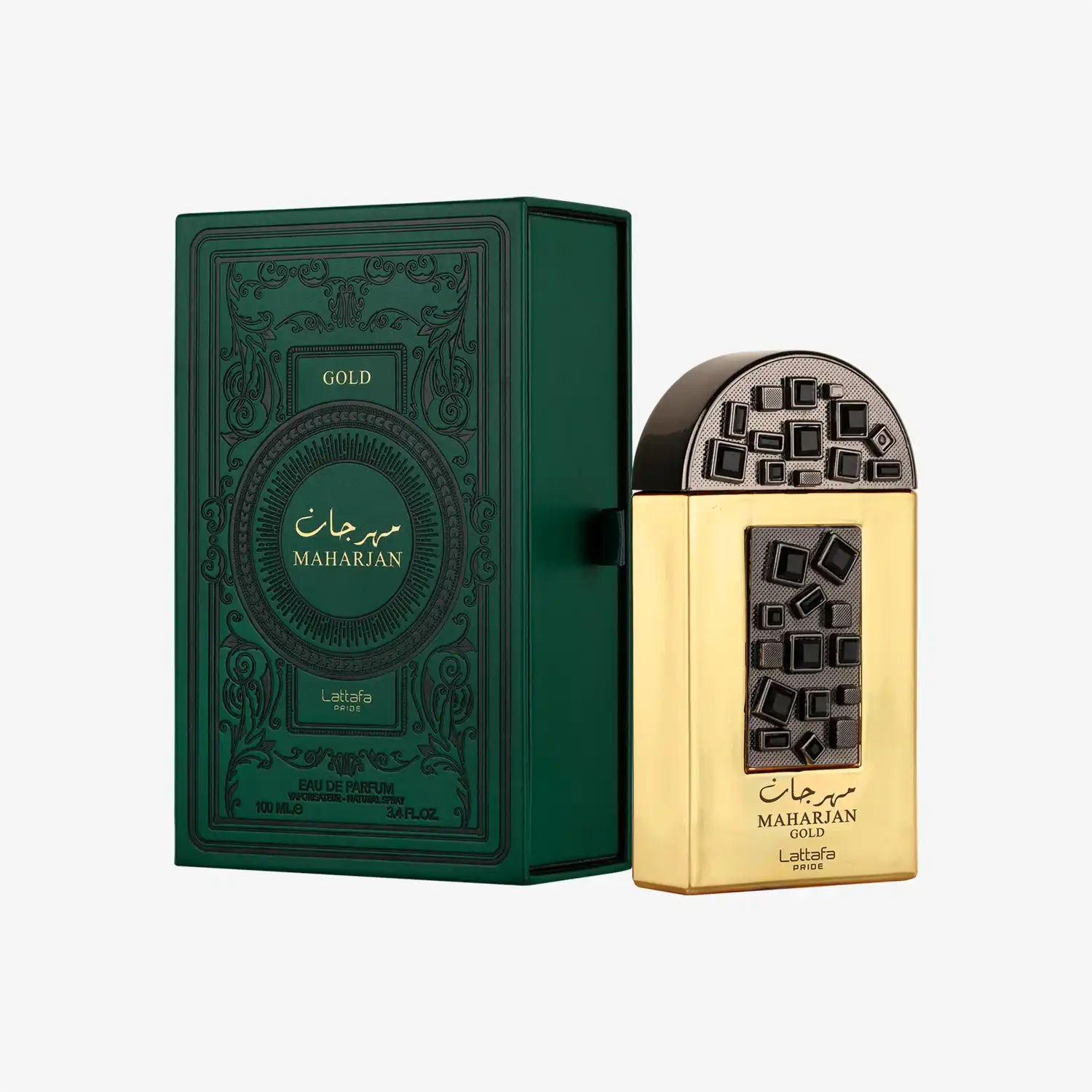 Maharjan Gold Lattafa perfume with ornate gold bottle and dark green decorative box
