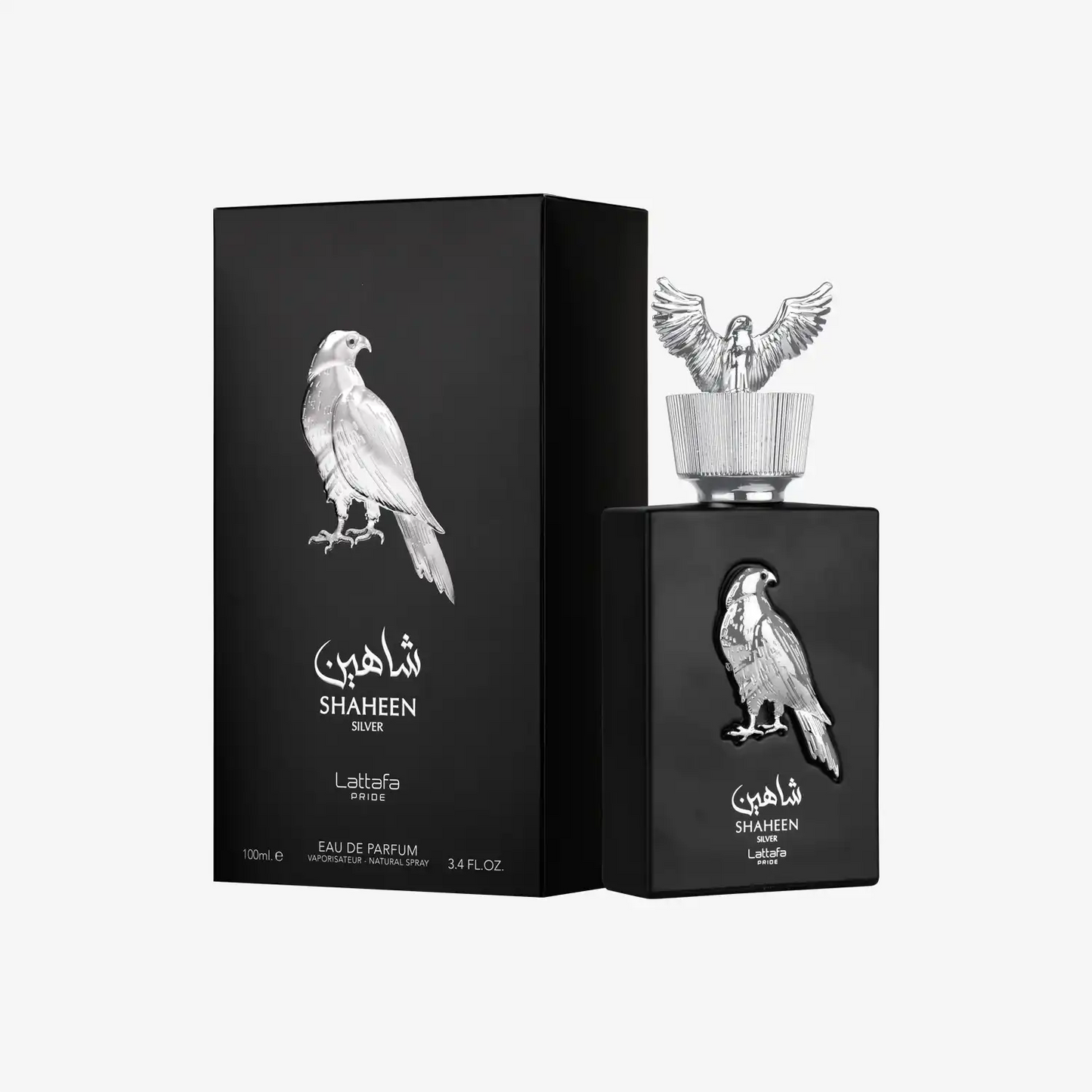 Shaheen Silver perfume bottle and box with silver falcon design, Middle Eastern fragrance