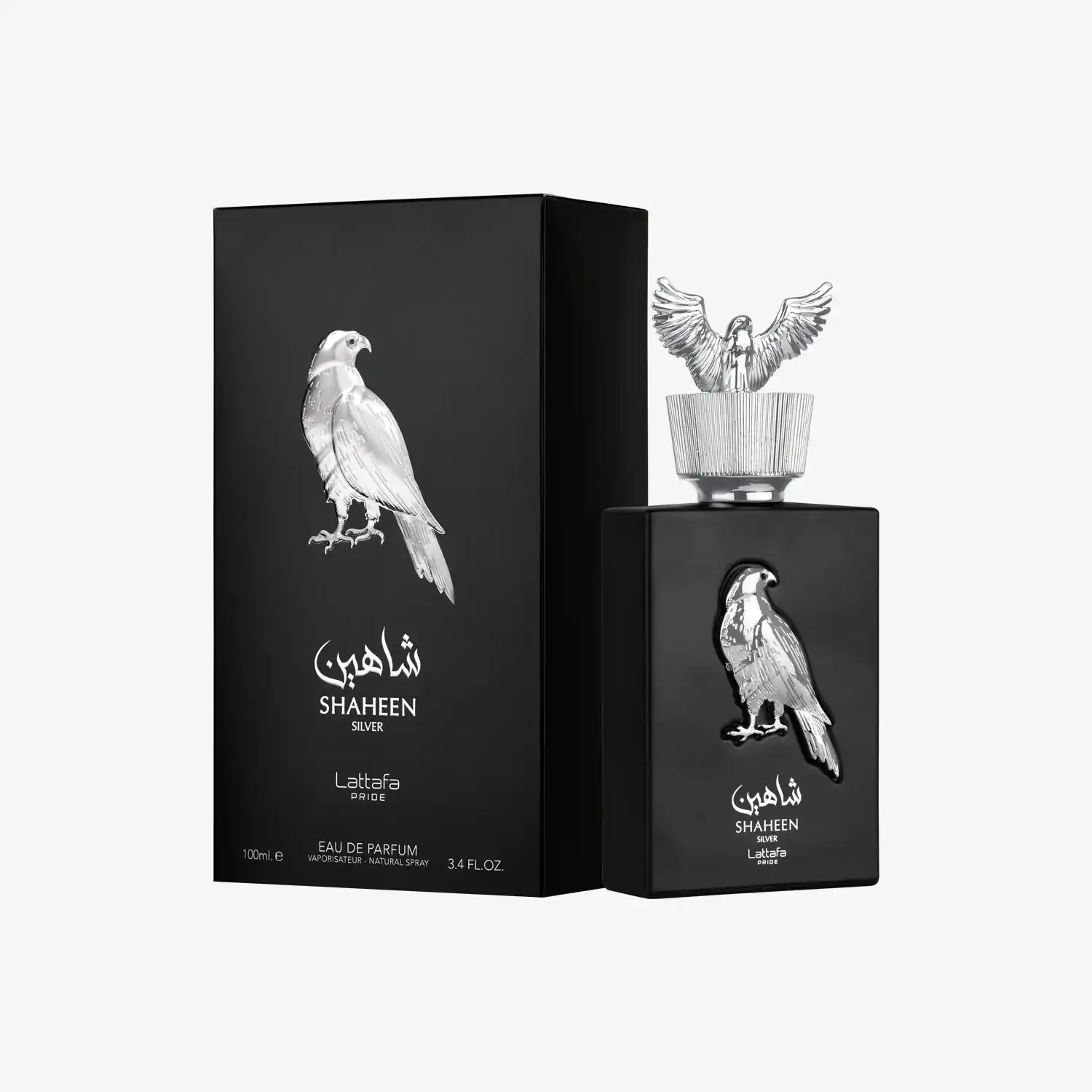 Shaheen Silver perfume bottle and box with silver falcon design, Middle Eastern fragrance