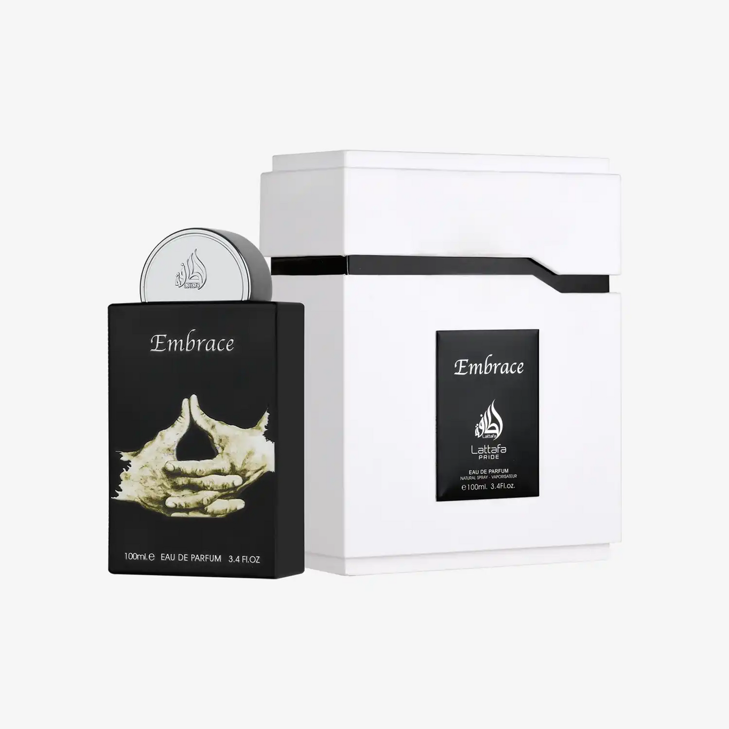 Lattafa Embrace perfume bottle and white box, Middle Eastern fragrance, 100ml