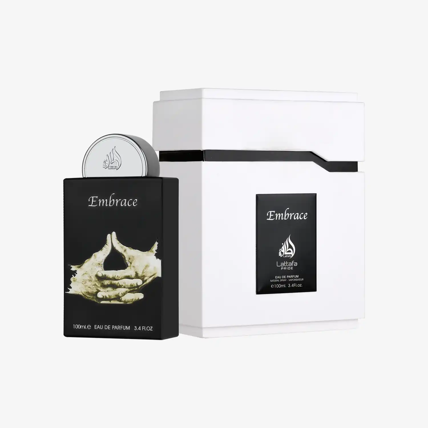 Lattafa Embrace perfume bottle and white box, Middle Eastern fragrance, 100ml