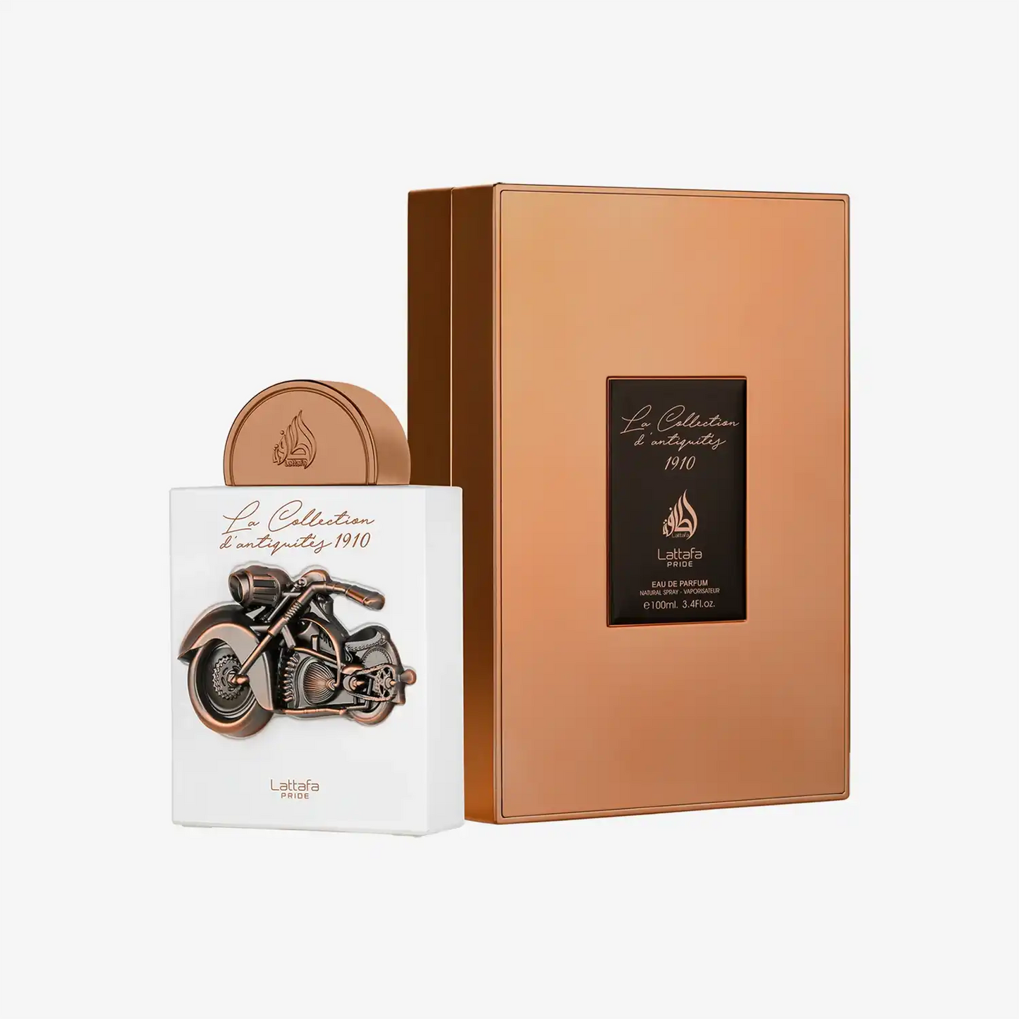 Lattafa Pride Le Collection d'antiquite 1910 perfume bottle with motorcycle design and bronze box