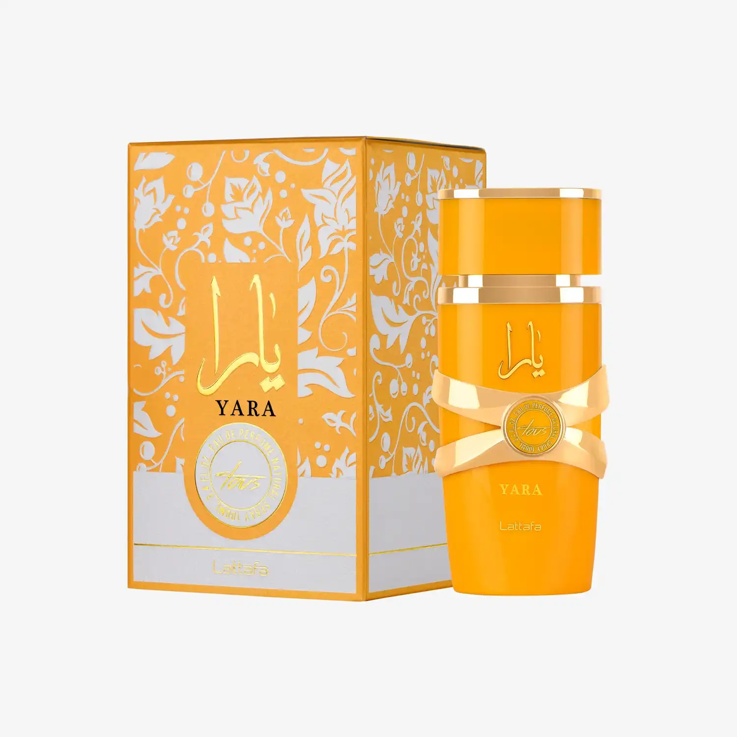 Lattafa Yara perfume bottle and floral-patterned box in gold and white, Middle Eastern fragrance