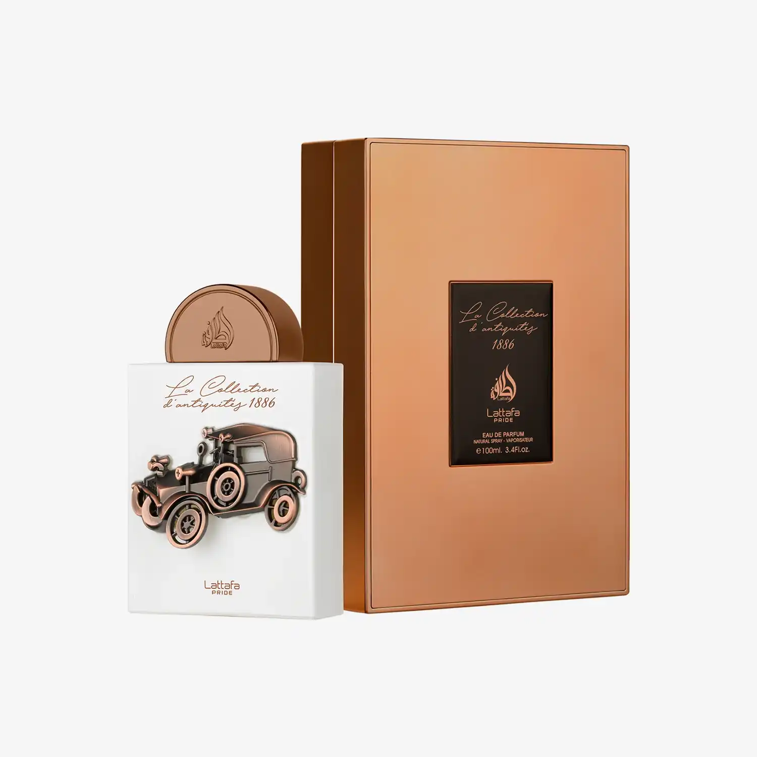 Lattafa Pride perfume bottle with vintage car design and matching bronze box
