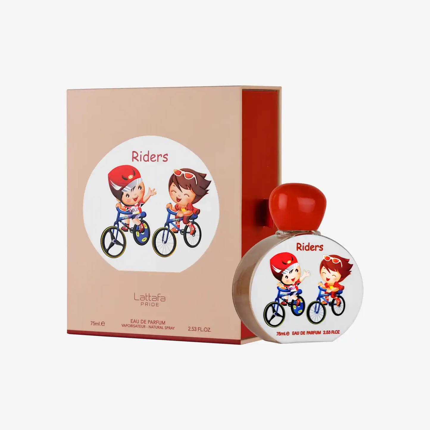 Kids perfume Riders by Lattafa Pride, box and bottle with cartoon children riding bicycles