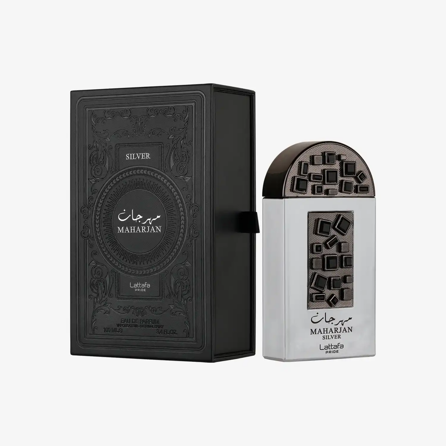 Maharjan Silver Lattafa Pride perfume bottle and ornate black box, Middle Eastern fragrance