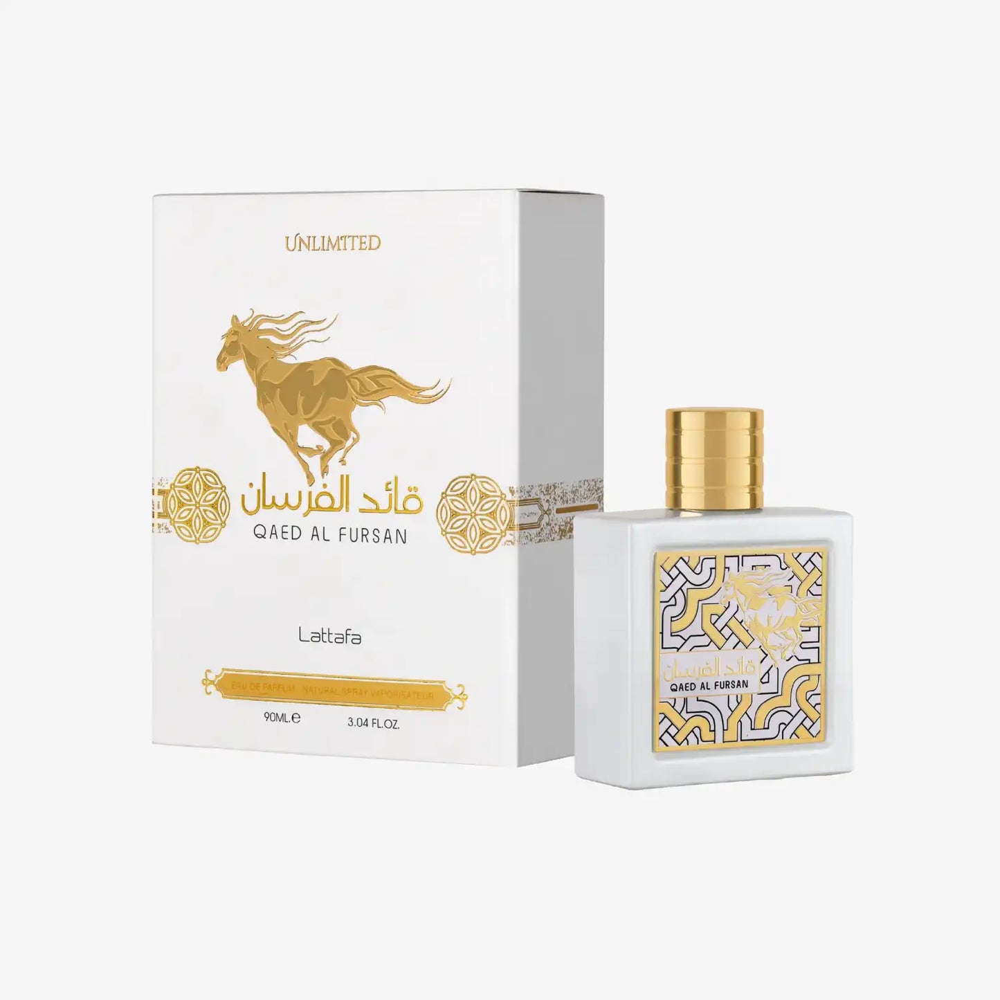 Qaed Al Fursan perfume by Lattafa with white box, gold horse logo, and elegant bottle