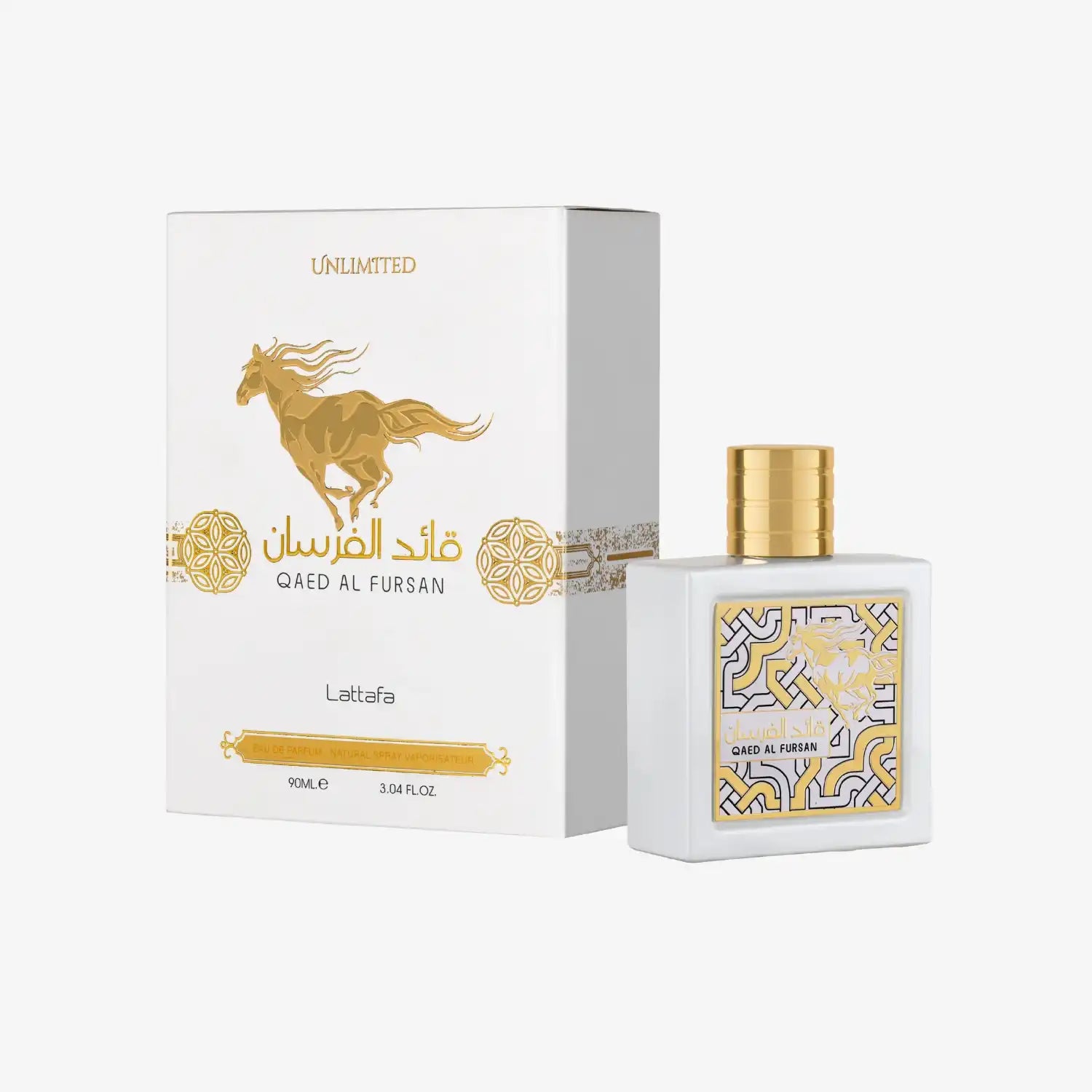 Qaed Al Fursan perfume by Lattafa with white box, gold horse logo, and elegant bottle