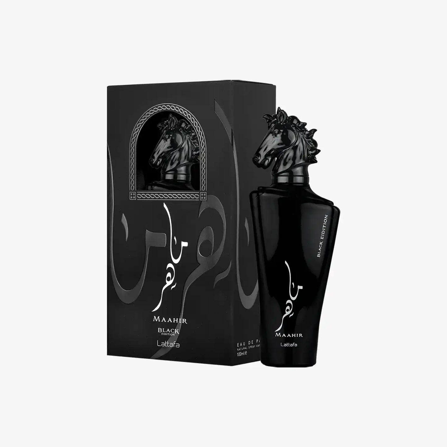 Maahir Black Edition Lattafa perfume bottle with horse head cap and matching box