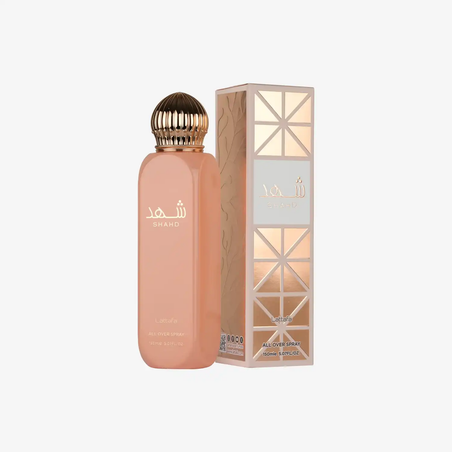 Lattafa Shahd all over spray bottle with decorative gold cap and matching box, 150ml.