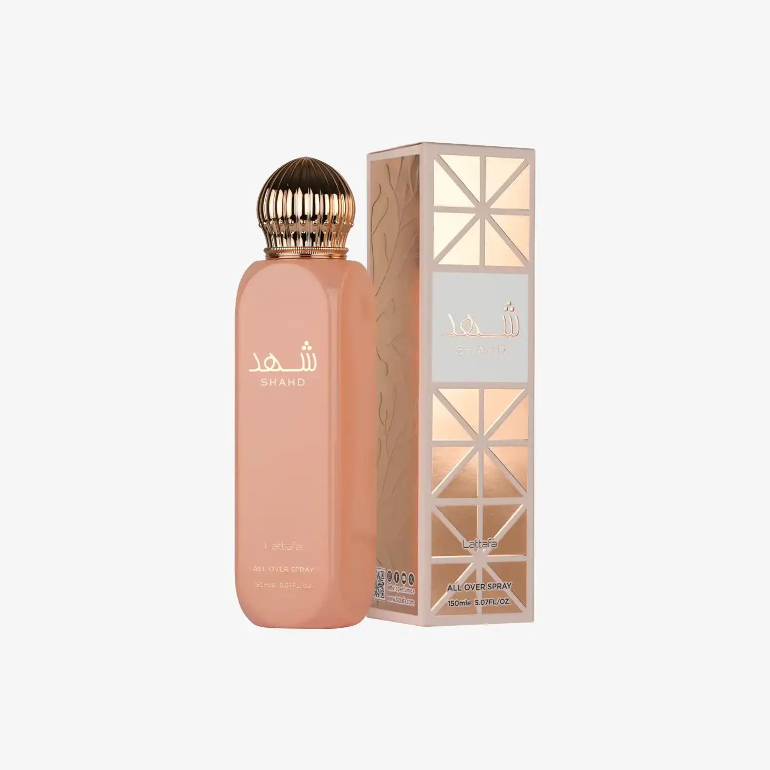 Lattafa Shahd all over spray bottle with decorative gold cap and matching box, 150ml.