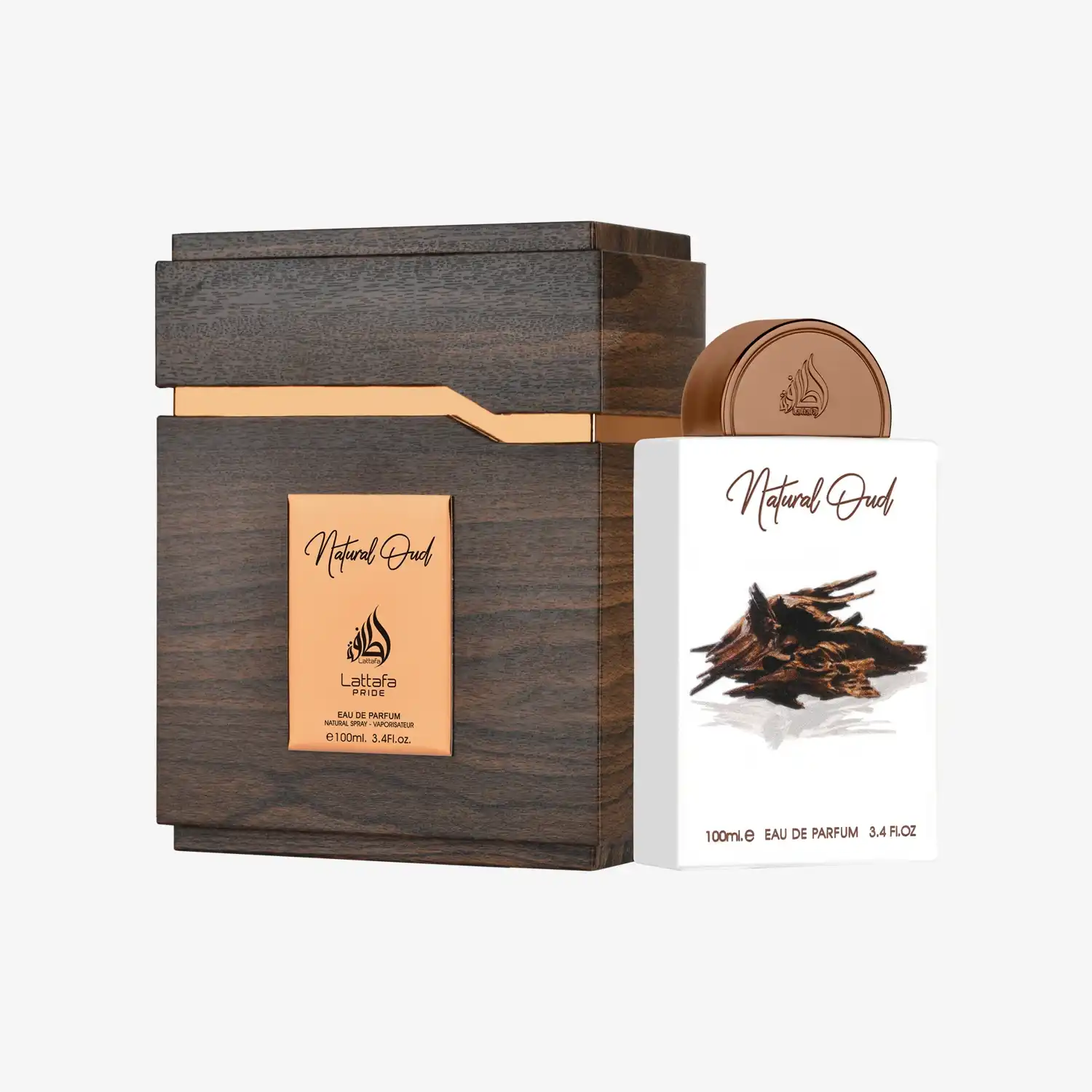 Natural Oud perfume bottle and box with wood texture and oud wood illustration