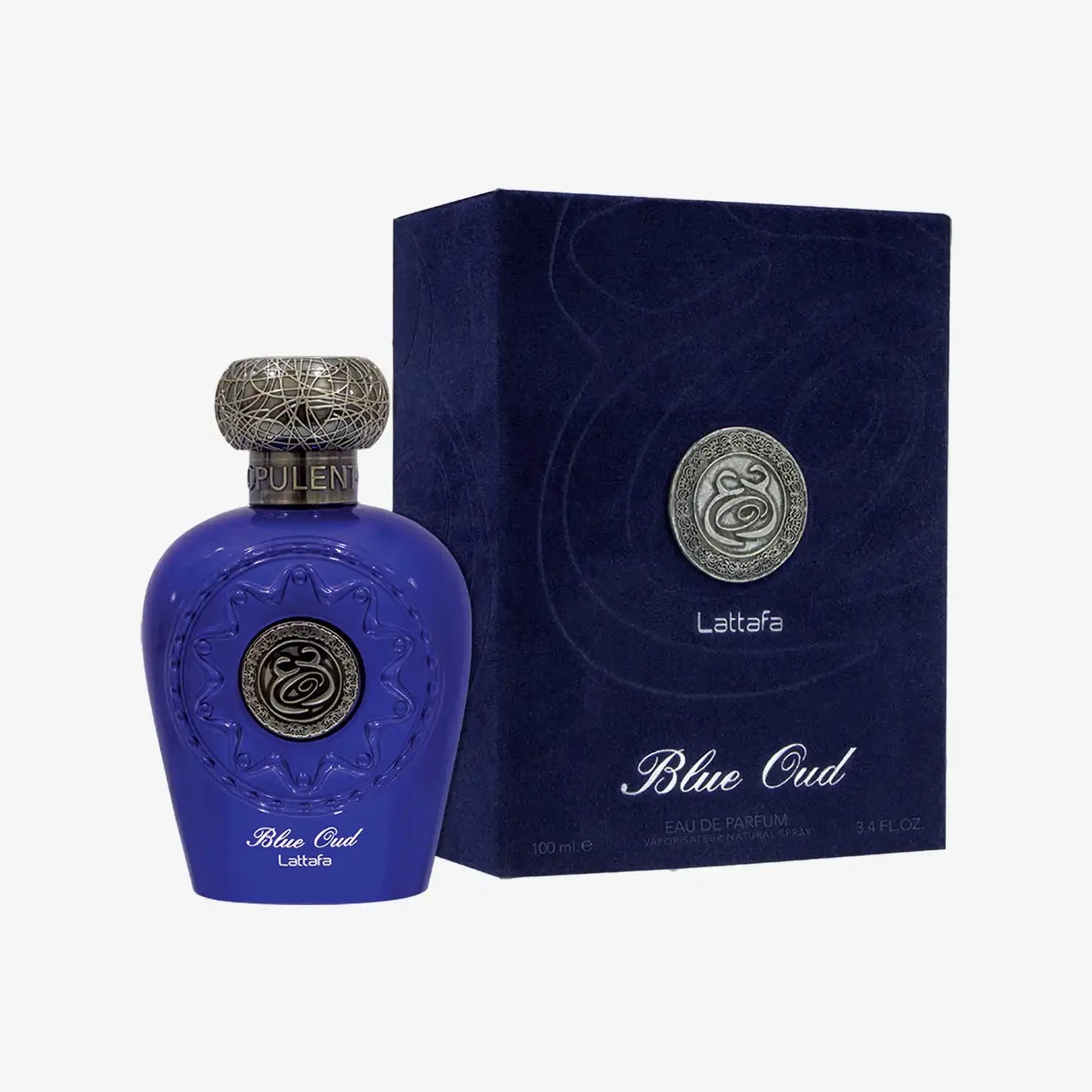 Lattafa Blue Oud perfume bottle and matching box, Middle Eastern fragrance, 100ml