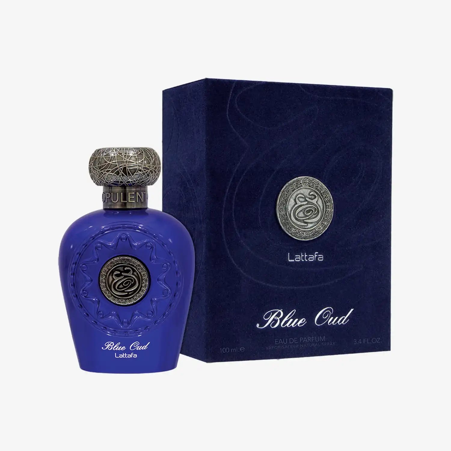 Lattafa Blue Oud perfume bottle and matching box, Middle Eastern fragrance, 100ml