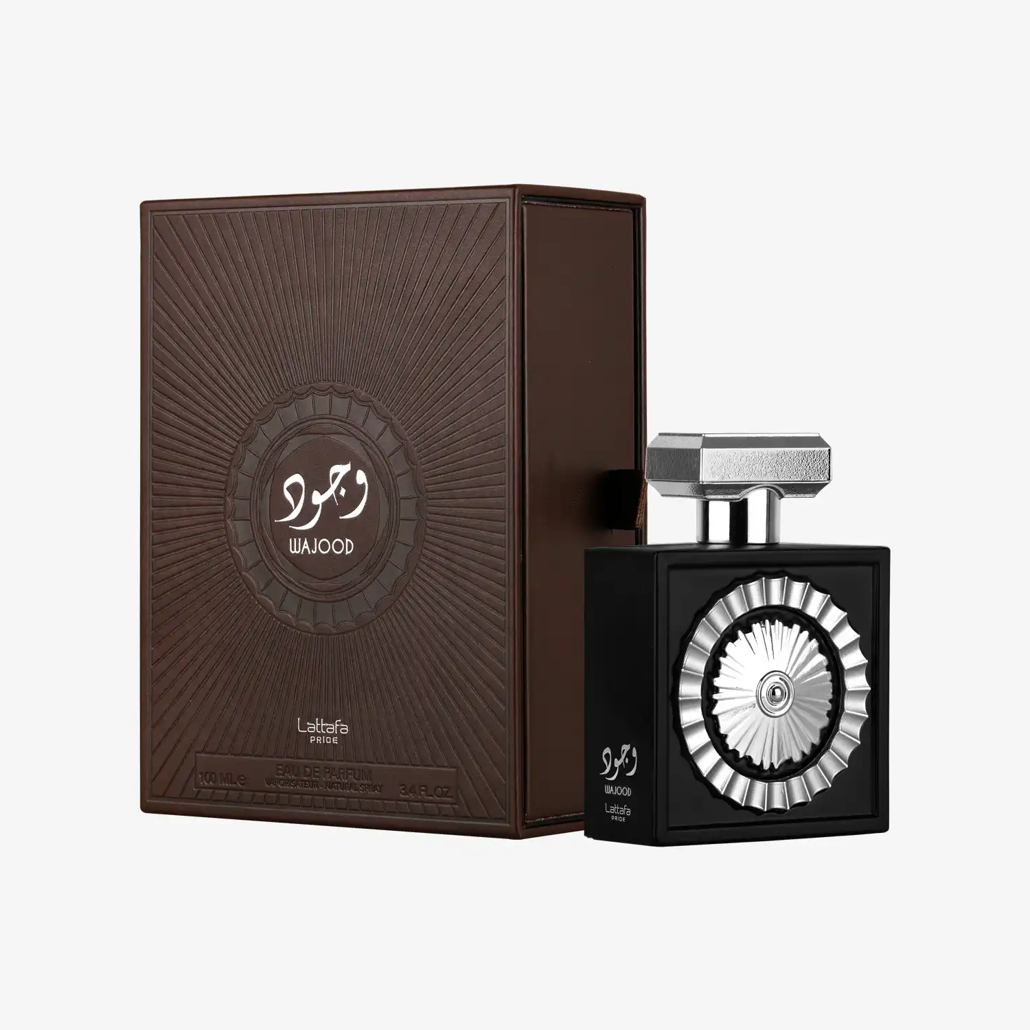 Lattafa Wajood eau de parfum bottle with ornate silver design and matching brown box