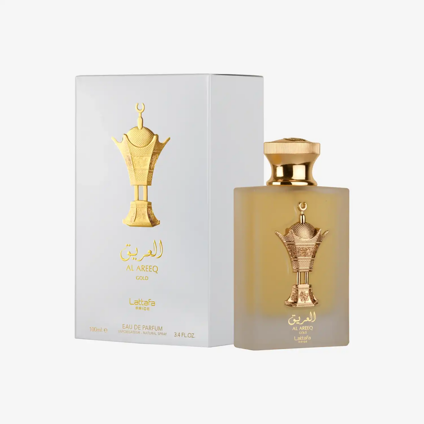 Al Areeq Gold perfume bottle and box with Middle Eastern gold design, luxury fragrance product