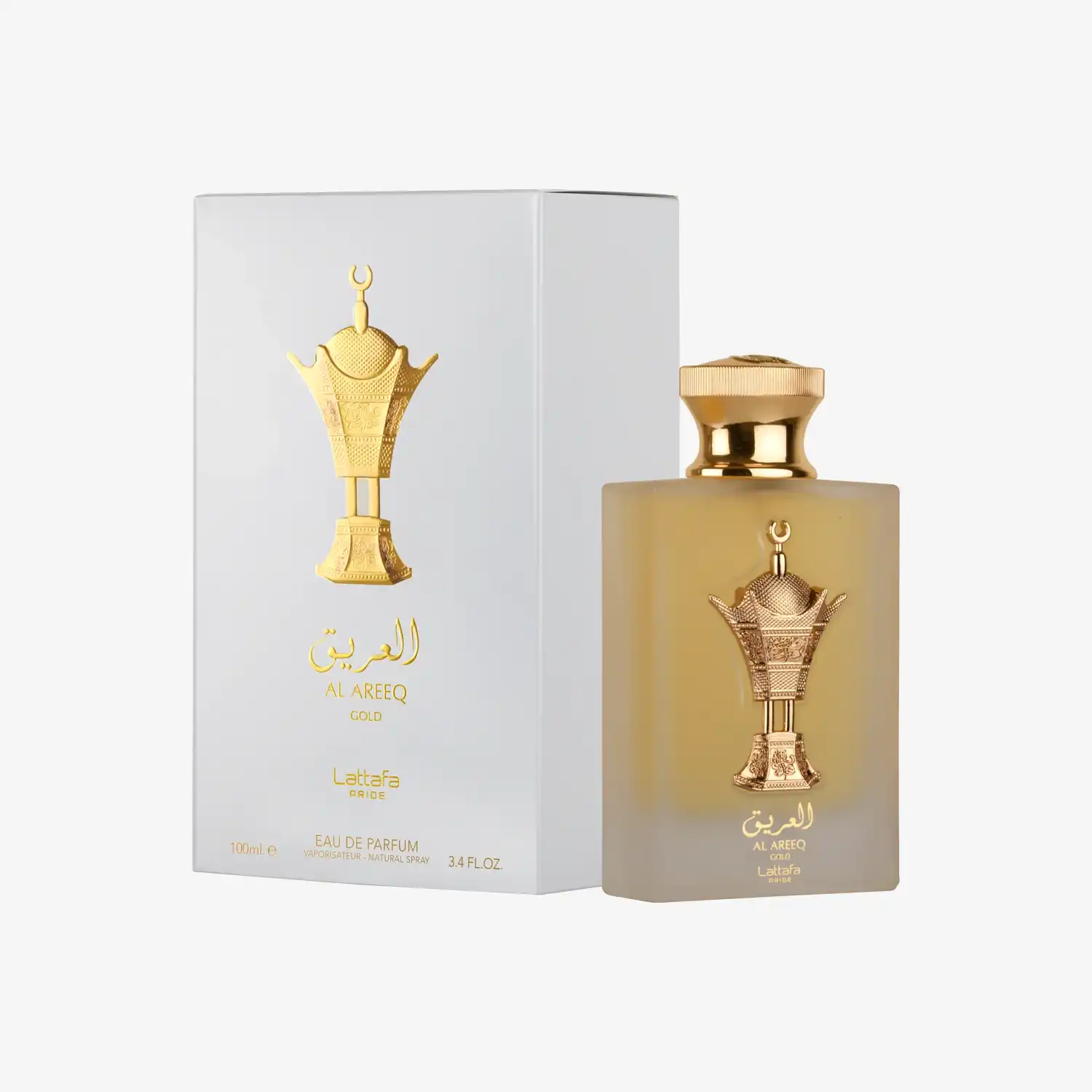 Al Areeq Gold perfume bottle and box with Middle Eastern gold design, luxury fragrance product