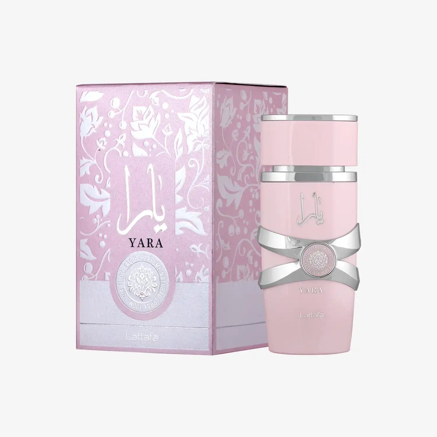 Lattafa Yara perfume in a pink bottle with matching floral-patterned box, Middle Eastern fragrance.