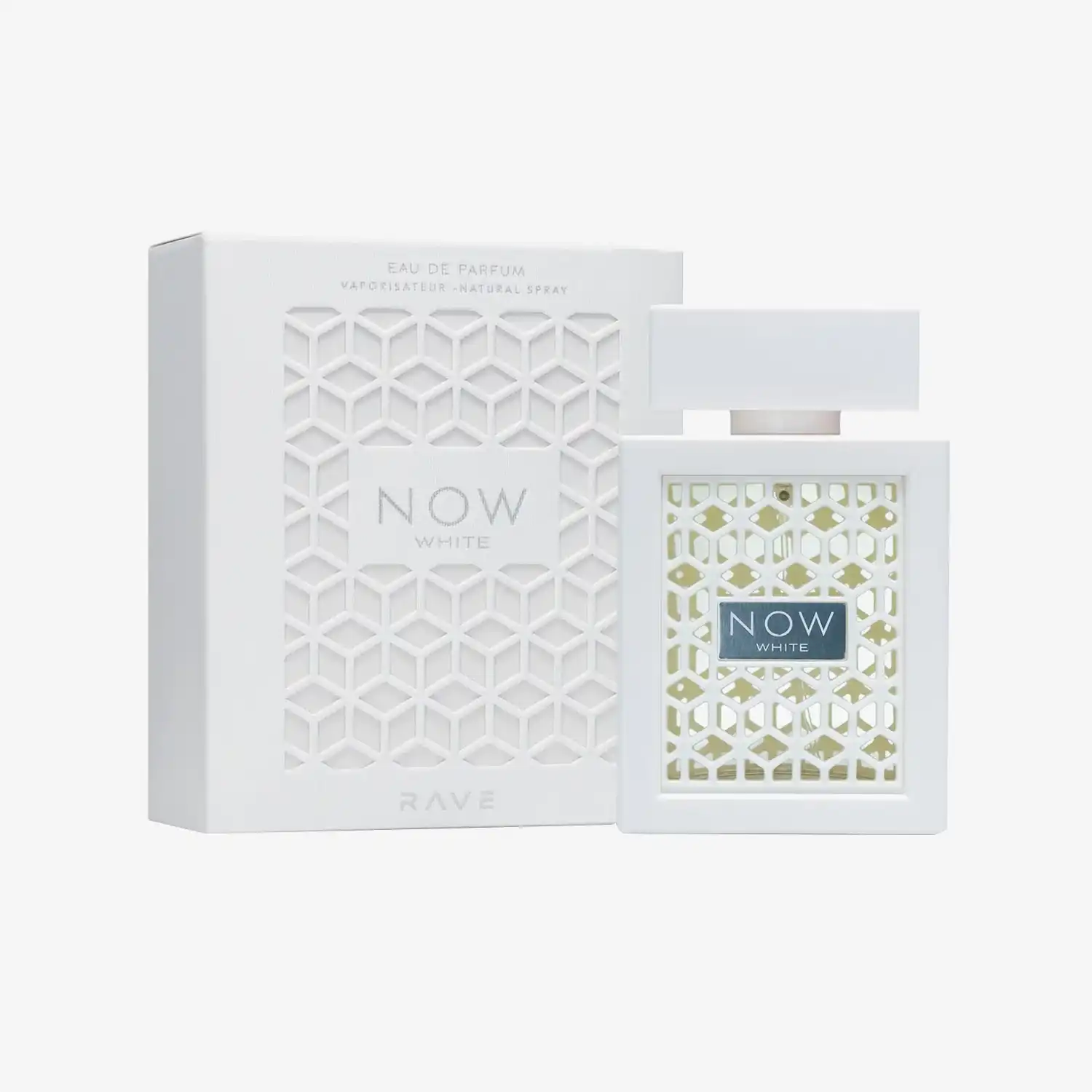 NOW White perfume bottle and box with geometric white lattice design, luxury fragrance