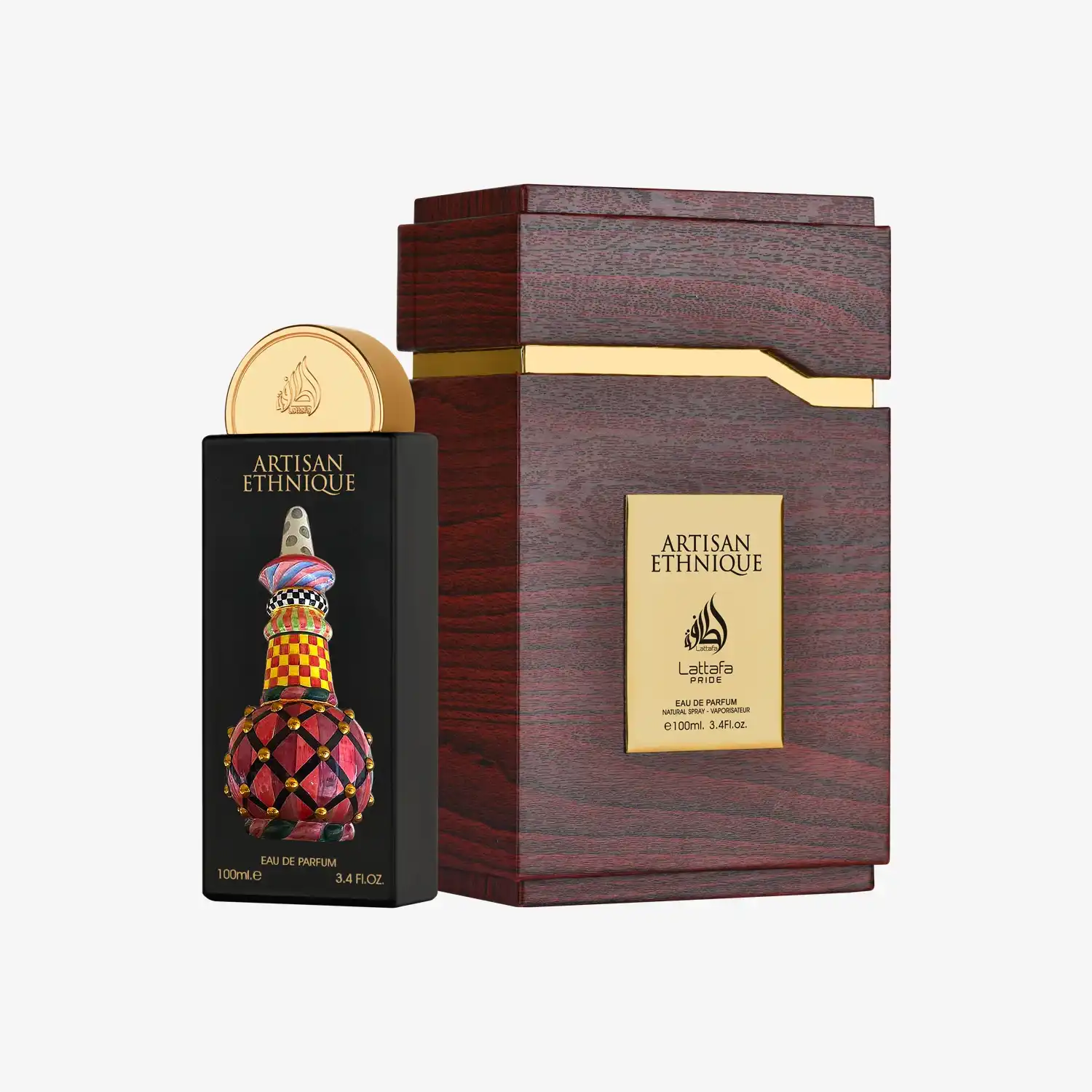 Artisan Ethnique perfume bottle and decorative wooden box with gold accents, Middle Eastern fragrance