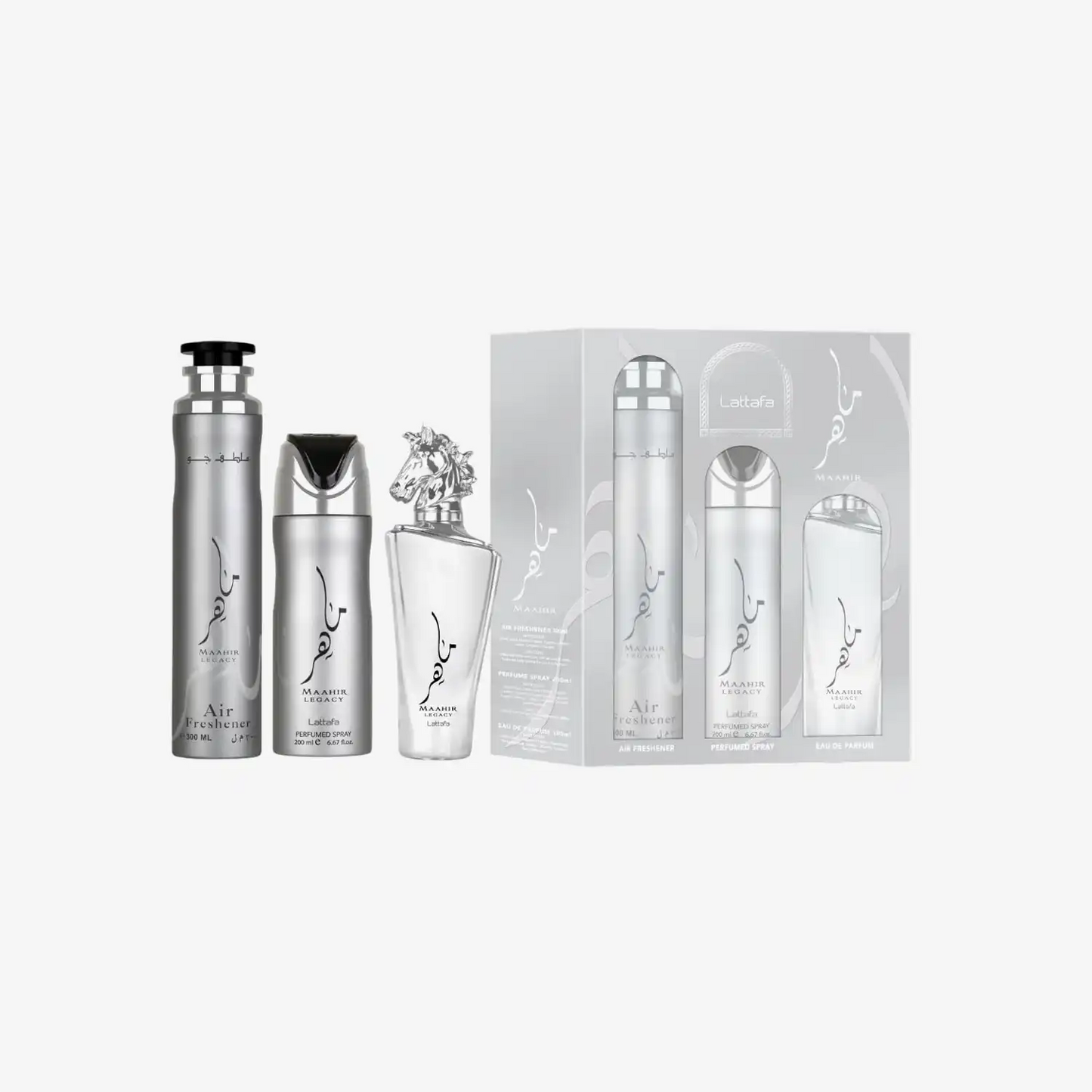 Silver perfume gift set with three bottles and box, Middle Eastern fragrance collection