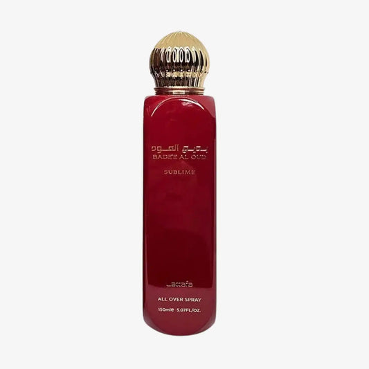 Badet Al Oud Sublime all over spray in red and gold bottle, 150ml Middle Eastern fragrance