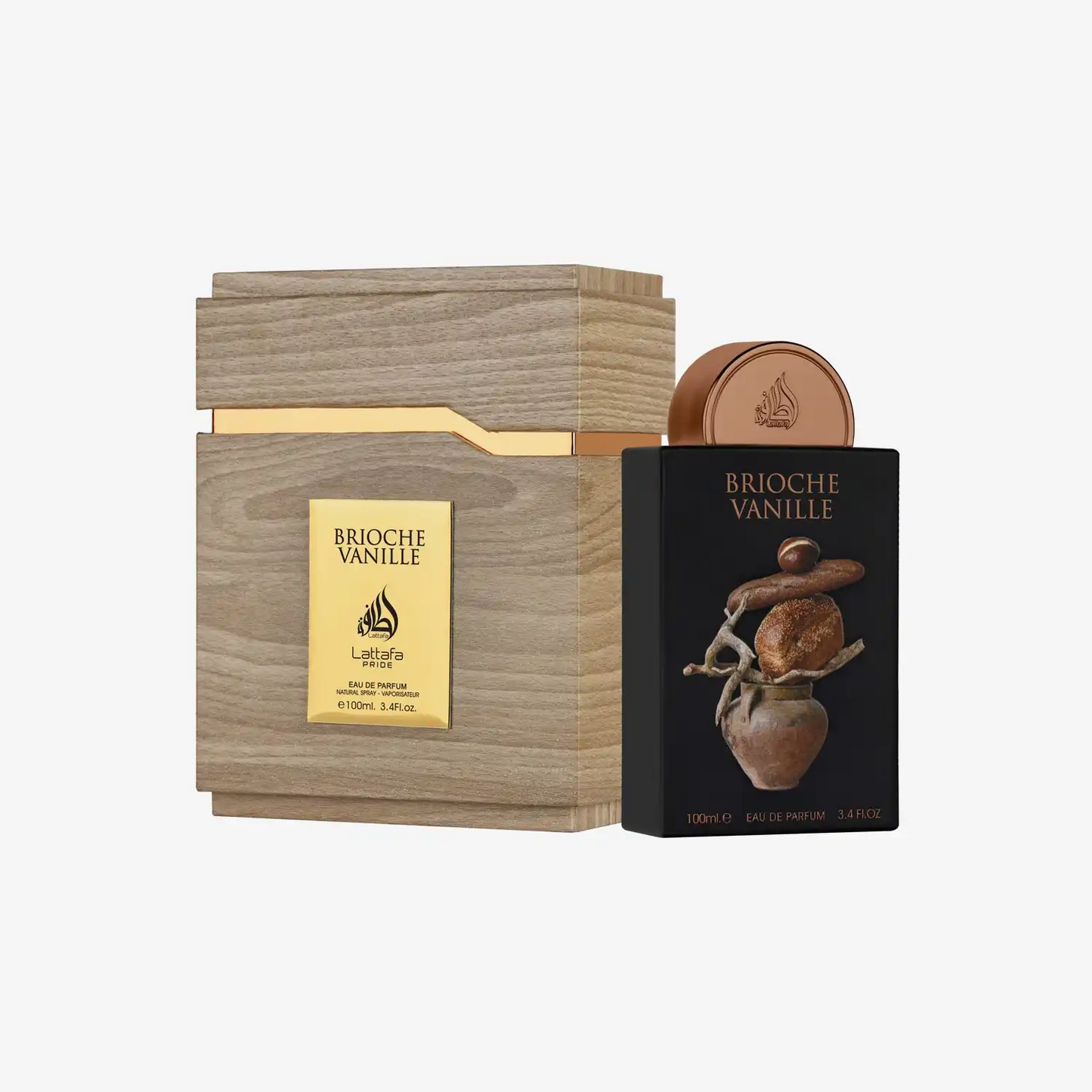Brioche Vanille perfume bottle and wooden box, elegant packaging, Middle Eastern fragrance