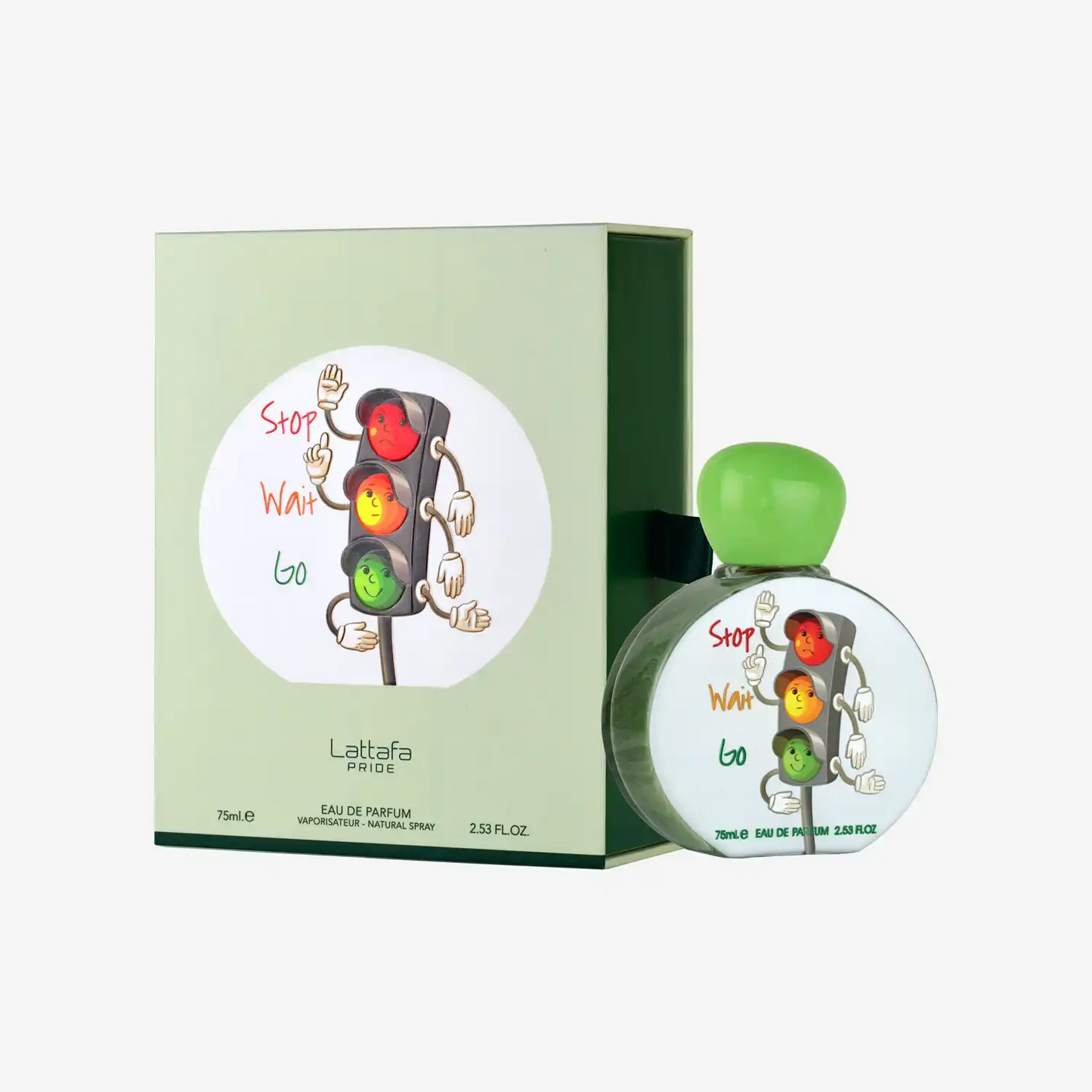 Eau de parfum bottle and box with cartoon traffic light design and green cap