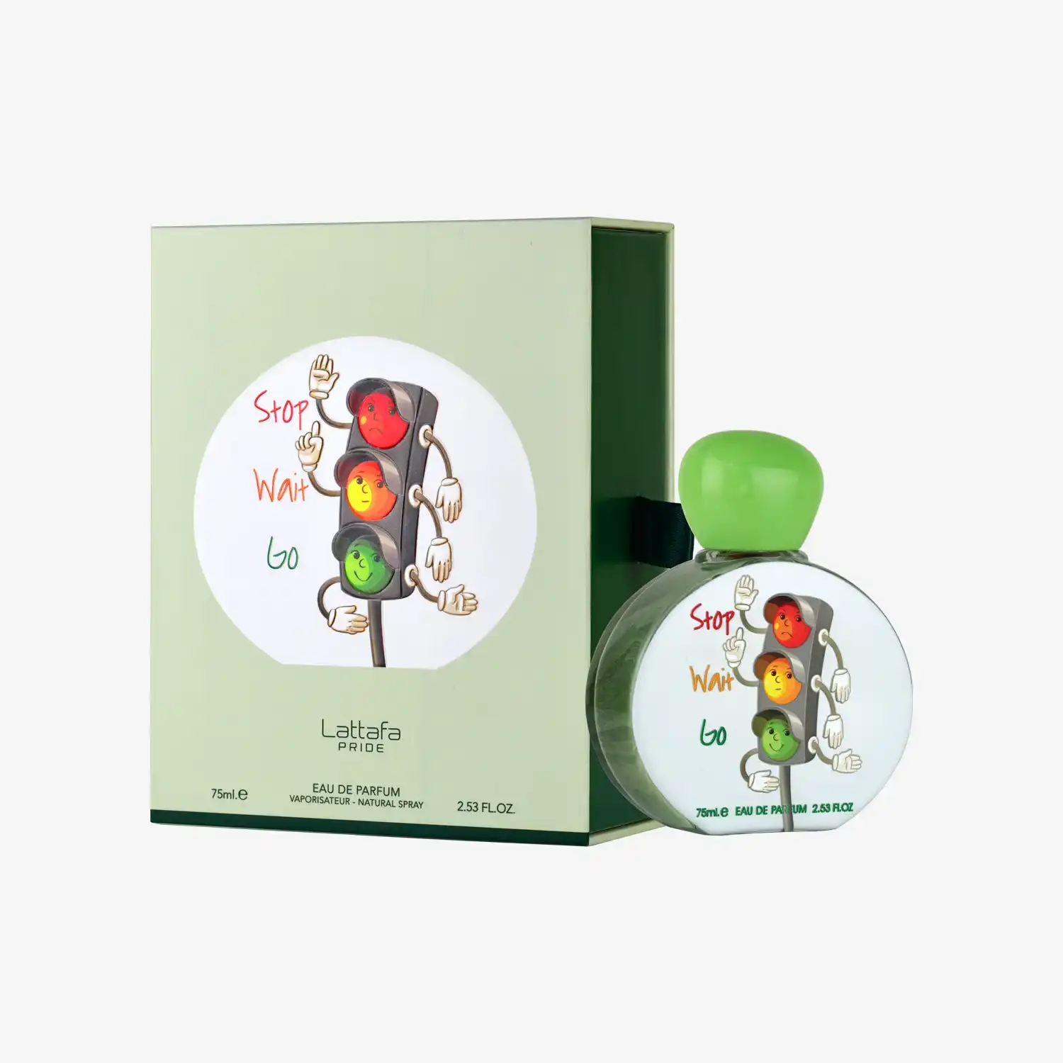 Eau de parfum bottle and box with cartoon traffic light design and green cap