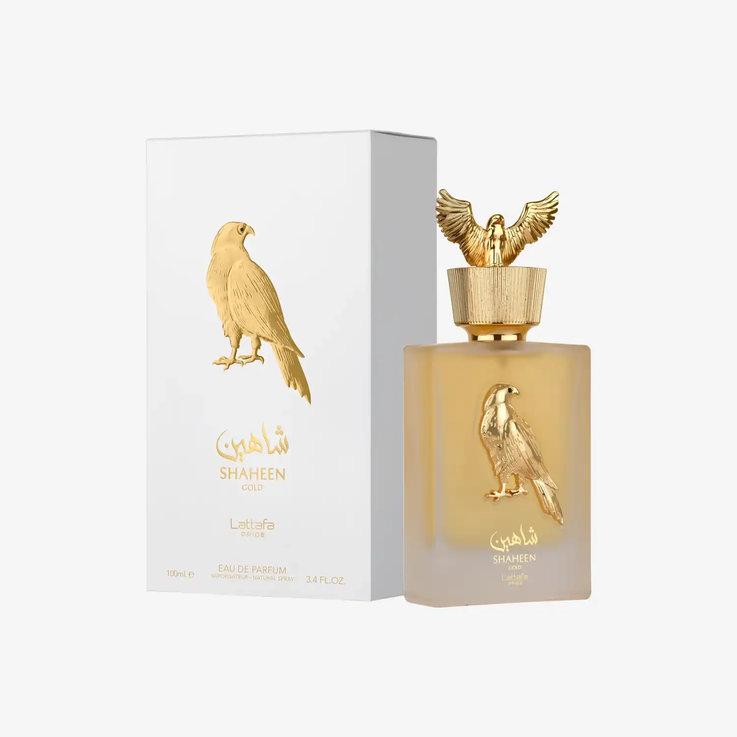 Lattafa Shaheen Gold perfume bottle with gold falcon design and matching box