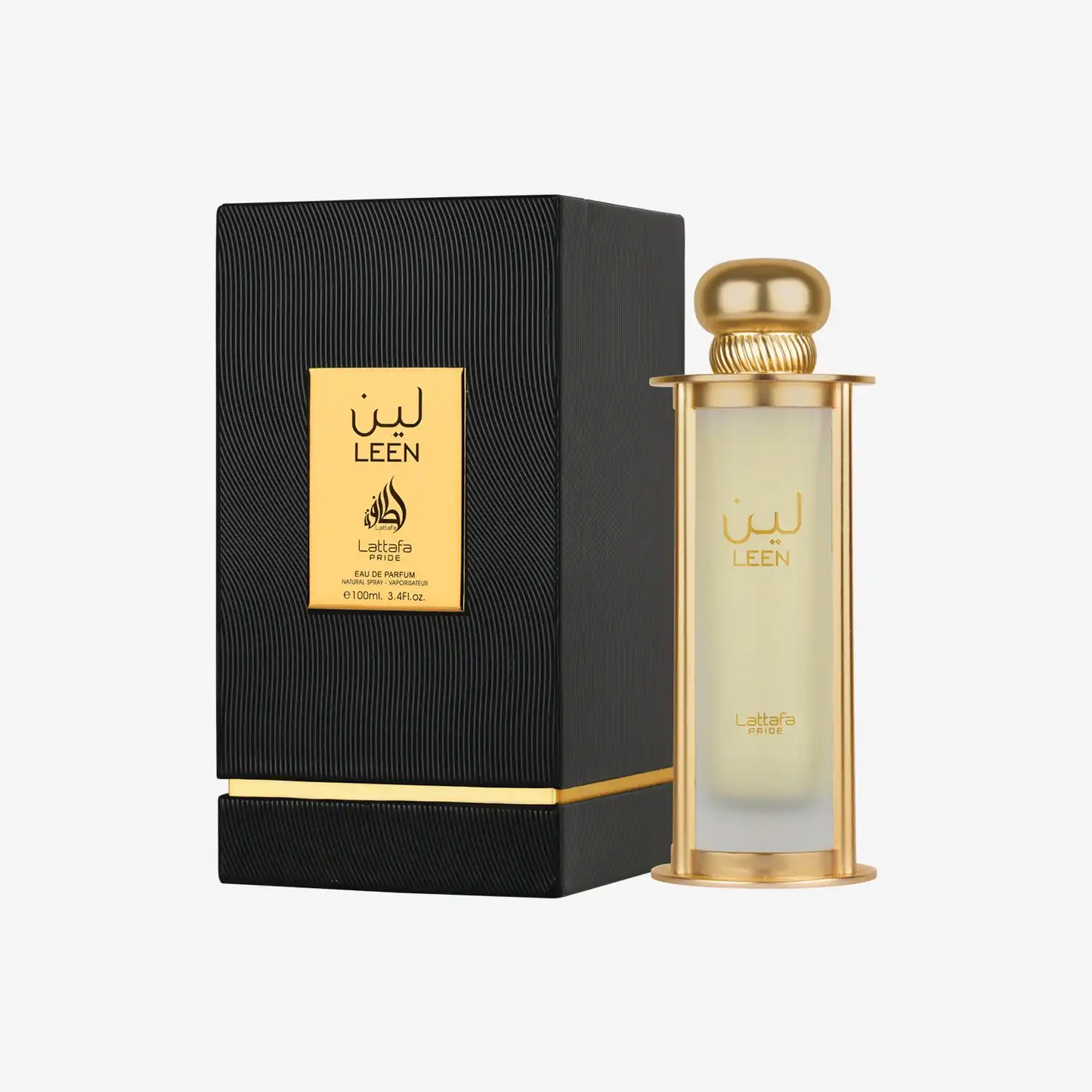Lattafa Leen Pride Eau de Parfum perfume bottle and black gold box, Middle Eastern fragrance