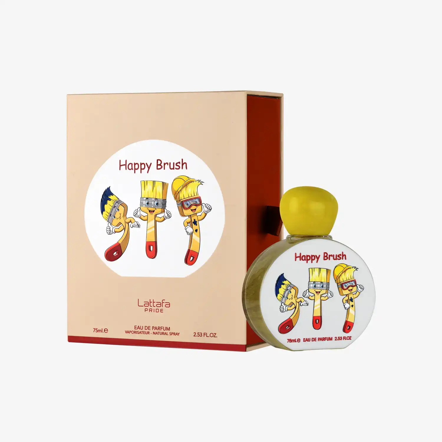 Happy Brush perfume bottle and box with cartoon paintbrush characters, yellow cap