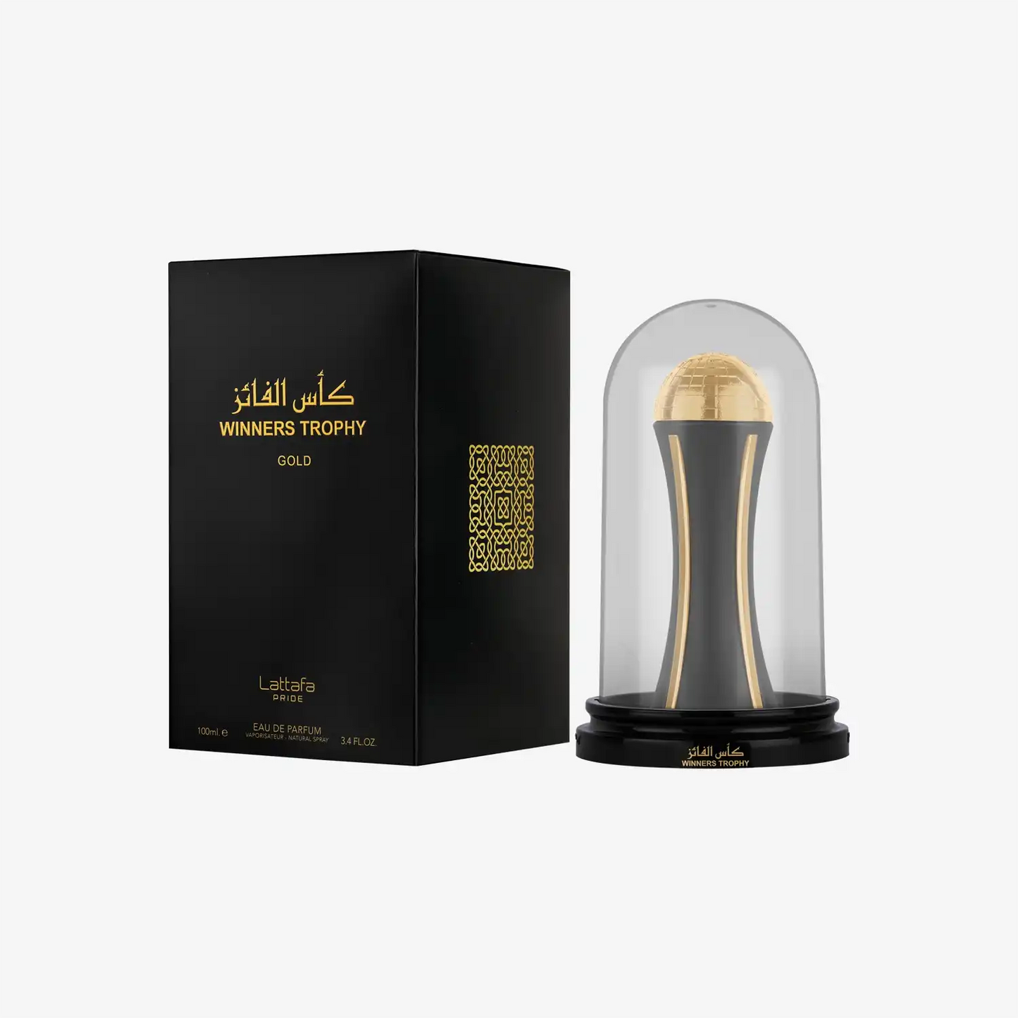 Winners Trophy Gold perfume in black and gold trophy-shaped bottle with box, Middle Eastern scent