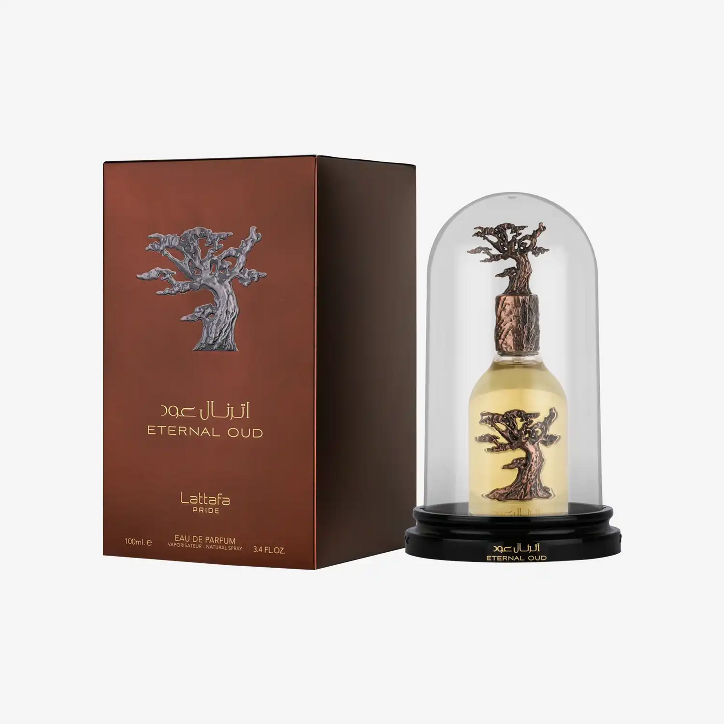 Eternal Oud perfume bottle with ornate tree design and matching brown box, 100ml, Middle Eastern fragrance.